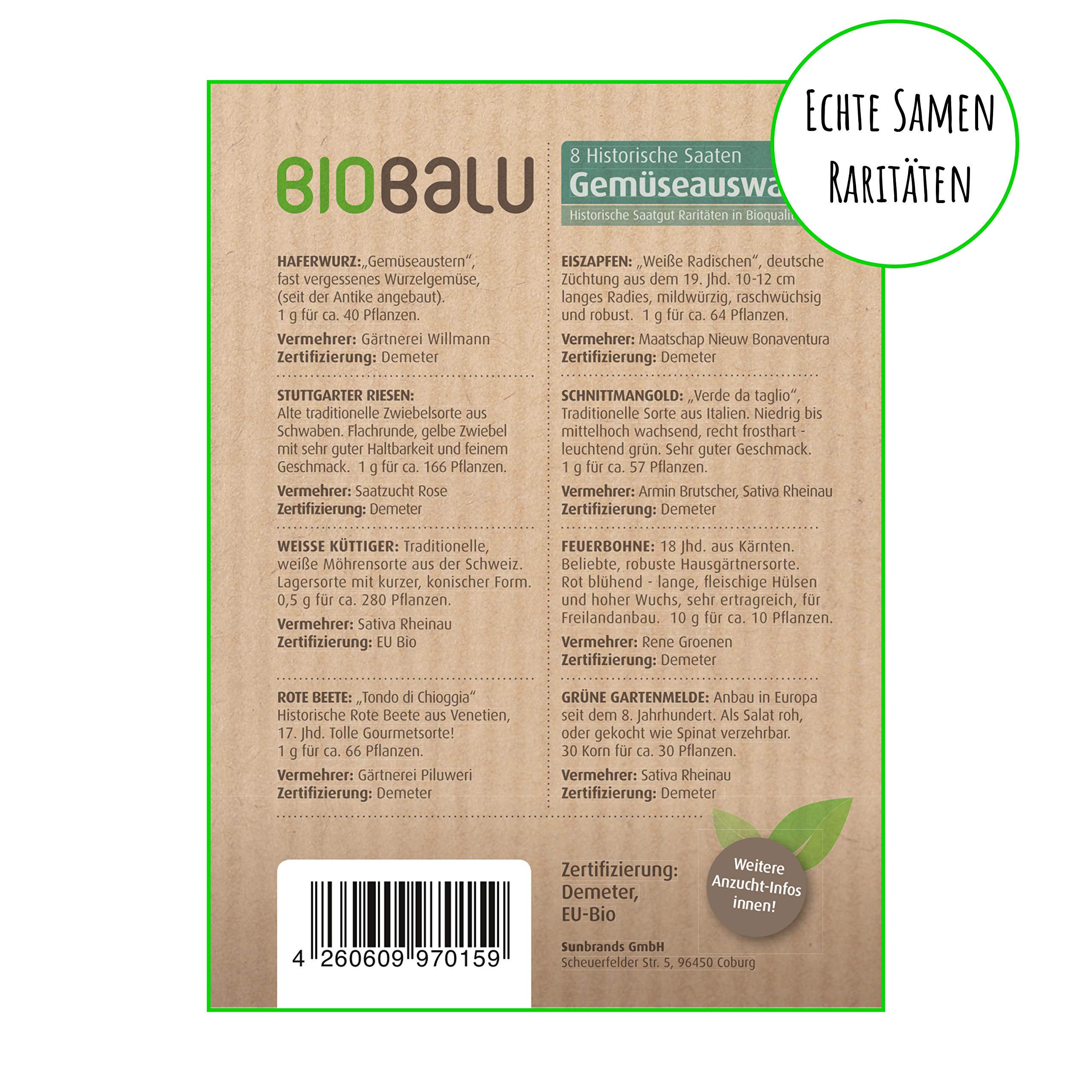 Biobalu Gemsesamen Bio - 8 Alte Sorten - Historisches Saatgut Set Gemse,  Saatgut Raritten in Bioqualitt, Samenfeste & Seltene Gemsesorten fr  Freiland, Gewchshaus & Balkon - Geschenkset : Amazon.de: Garten