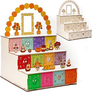 WATINC Day of Dead Altar Ofrenda - Dia De Los Muertos Picture Frames Decorations, Ofrenda Altar Wooden Photo Frame Box Kit Decor, Mexican Skull Memory Shadow Gift for Memorial Remembrance Supplies