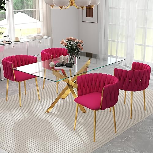 Miniatura 18 de Juego de mesa de comedor de cristal dorado de lujo para 4, juego de comedor cuadrado de 5 piezas con parte superior de vidrio transparente, juego de