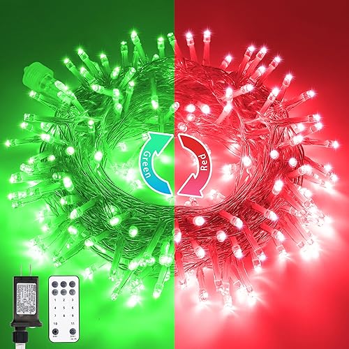 Miniatura 28 de JMEXSUSS 200 luces LED rojas y verdes de Halloween para exteriores, tira de luces de Navidad de 66 pies, cable transparente para interiores, enchufe