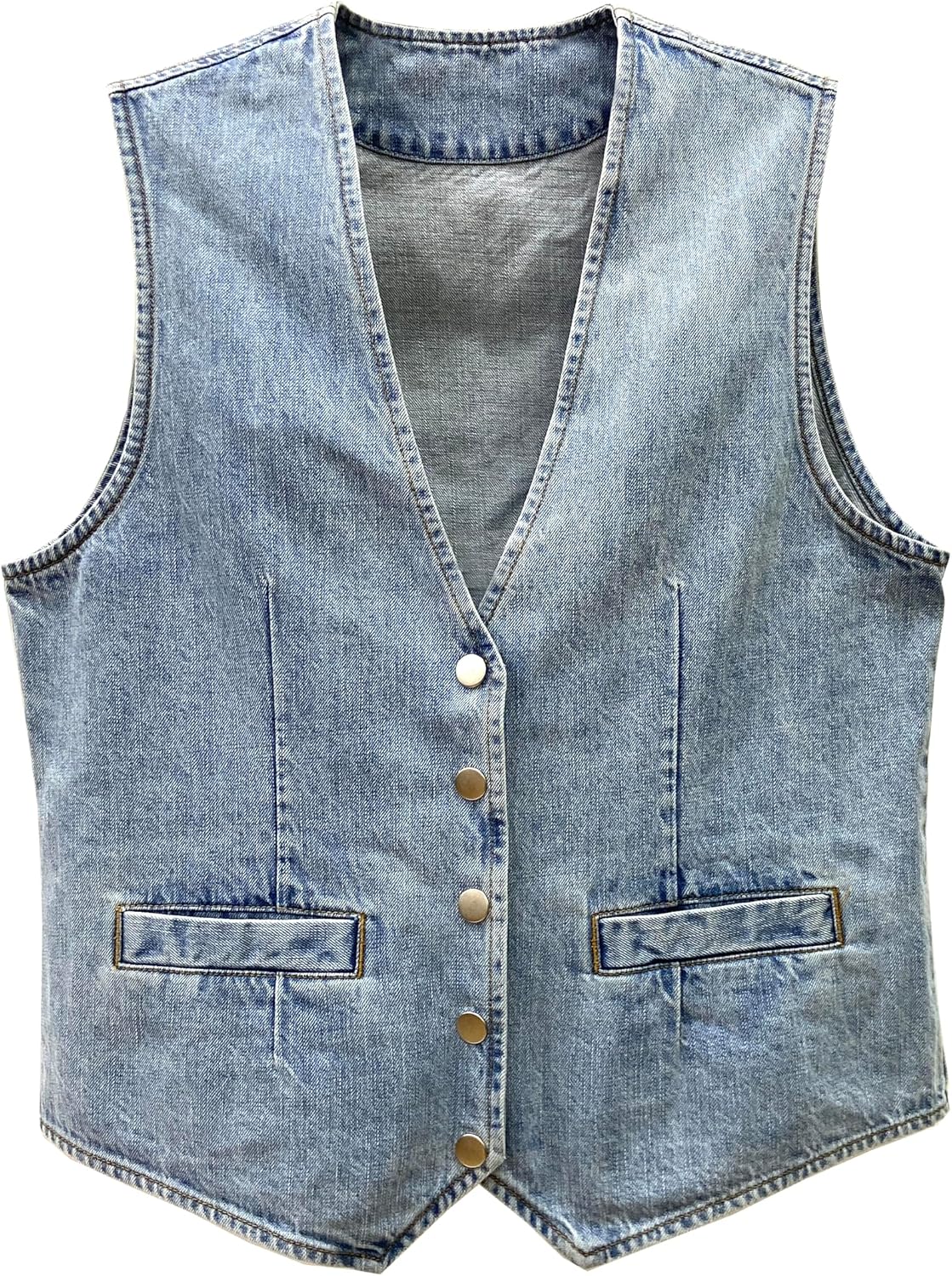 Women's V Neck Denim Vest Snap Button Down Jean Vest Sleeveless Denim Jacket with Fashion Sand Wash