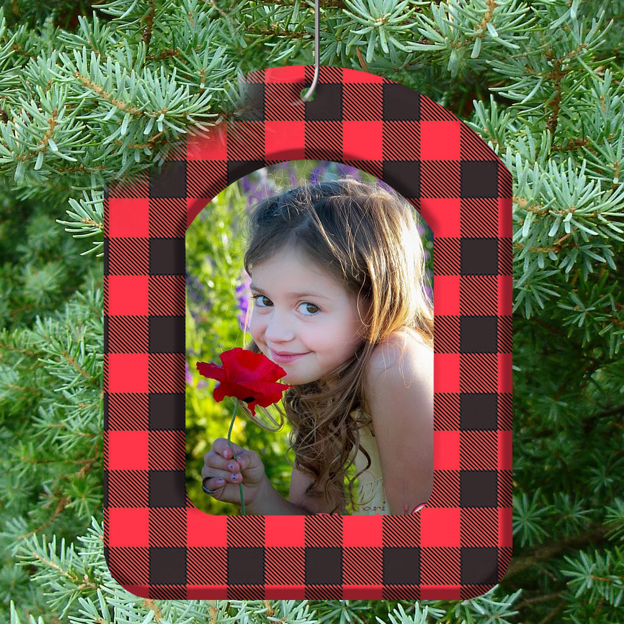The Original Mini Photo Christmas Ornaments, Magnetic Easy-Load Rustic Buffalo Plaid Picture Frame Ornament, Includes Photo Protectors Plus Hooks for Hanging, Vertiical, Red and Black 6-Pack