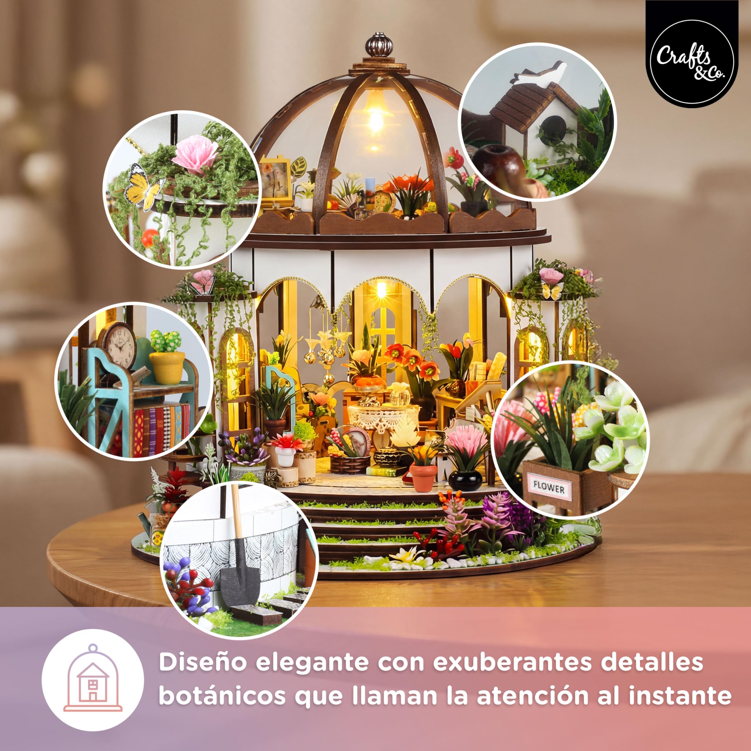 Crafts&Co® Casa en Miniatura DIY | Maqueta con Iluminación LED | Kit de Construcción 405 Piezas para Adultos | Casa de Muñecas para Montar con Accesorios y Herramientas | 25,5 x 21,5 x 24,5 cm