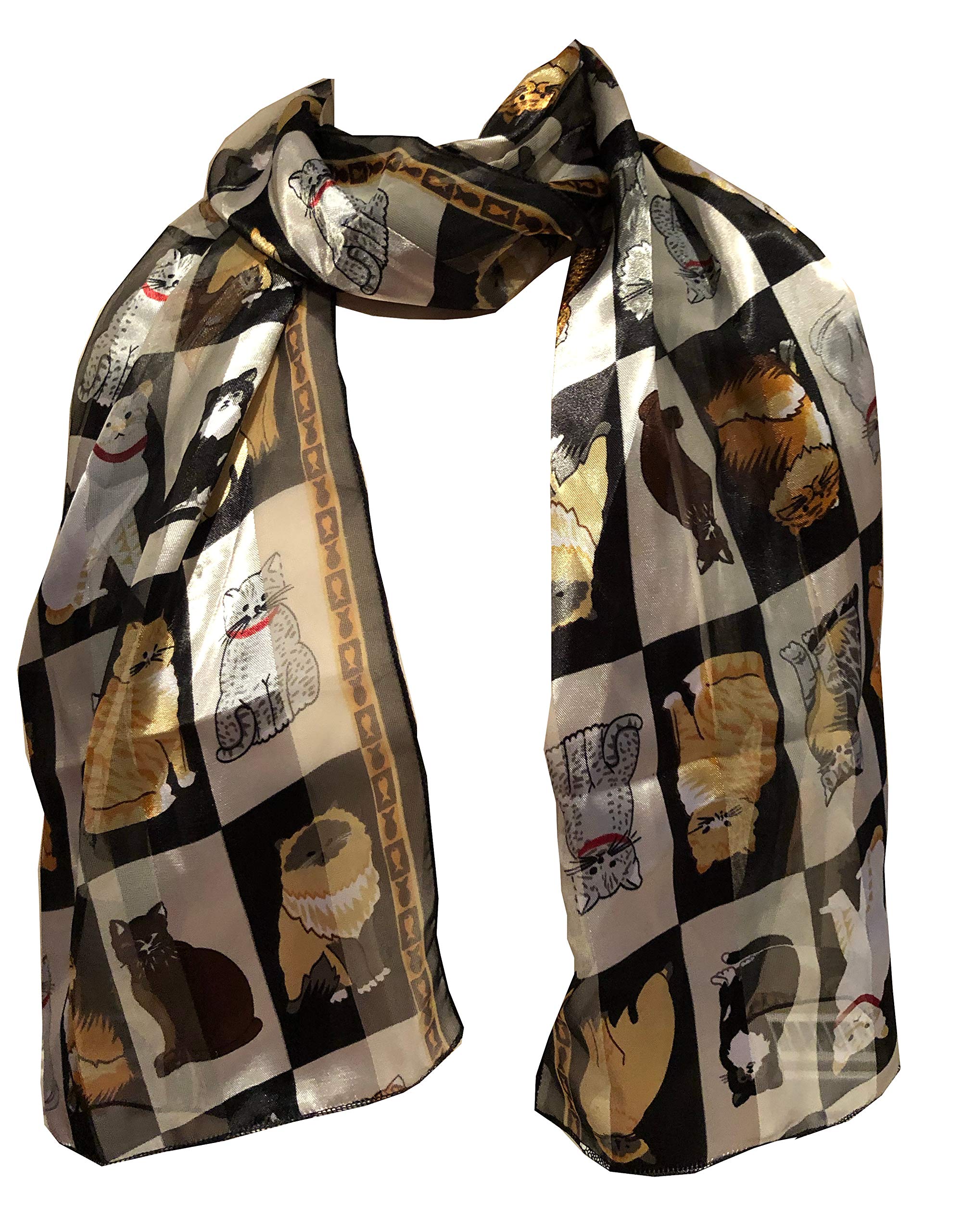 Pamper Yourself Now Women's Black Shiny Cat Scarf With A Square Design And Multi-Coloured Cats. 150Cm X 30Cm
