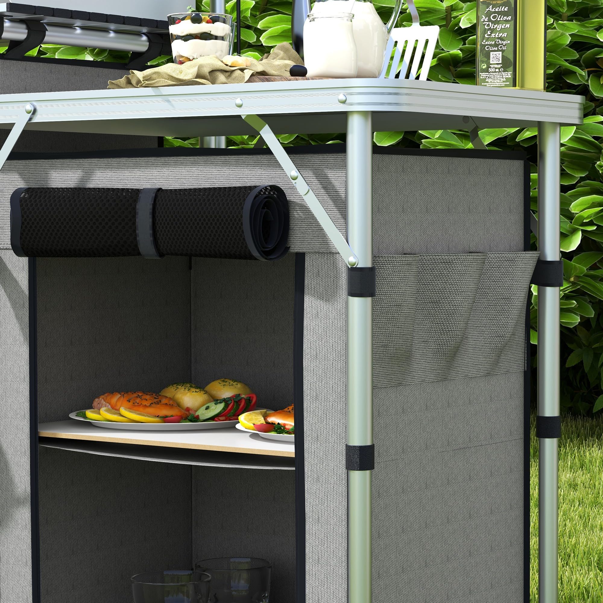 Outsunny Meuble de Cuisine pour Le Camping avec Rangement, Table d'extérieur Pliante Station de Cuisson en Aluminium avec 3 placards en Tissu, Pare-Brise, Support d'éclairage, Sac de Transport Gris