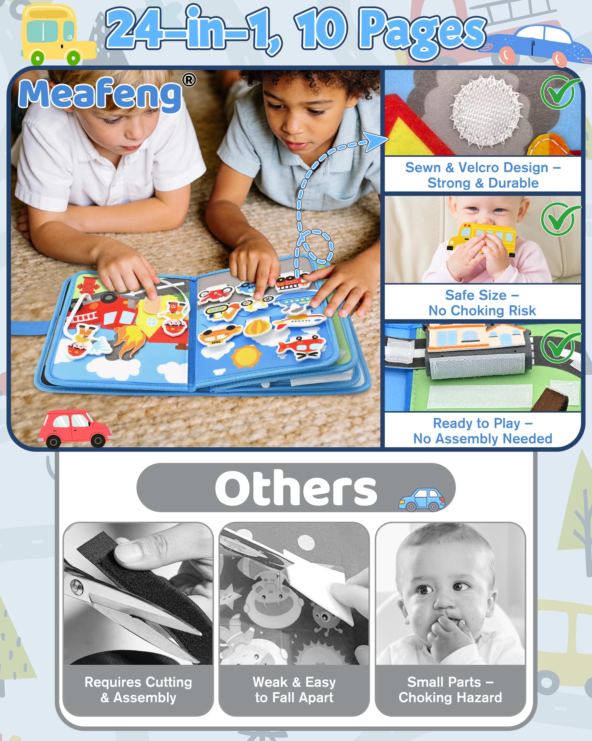 Busy Board Book pour Enfant de 12-36 Mois – Livre Quiet 3D sur Les Véhicules Montessori, Jeux de Voyage pour Avion et Voiture – Cadeaux d'anniversaire pour Bébé Garçons et Filles de 1, 2, 3 Ans