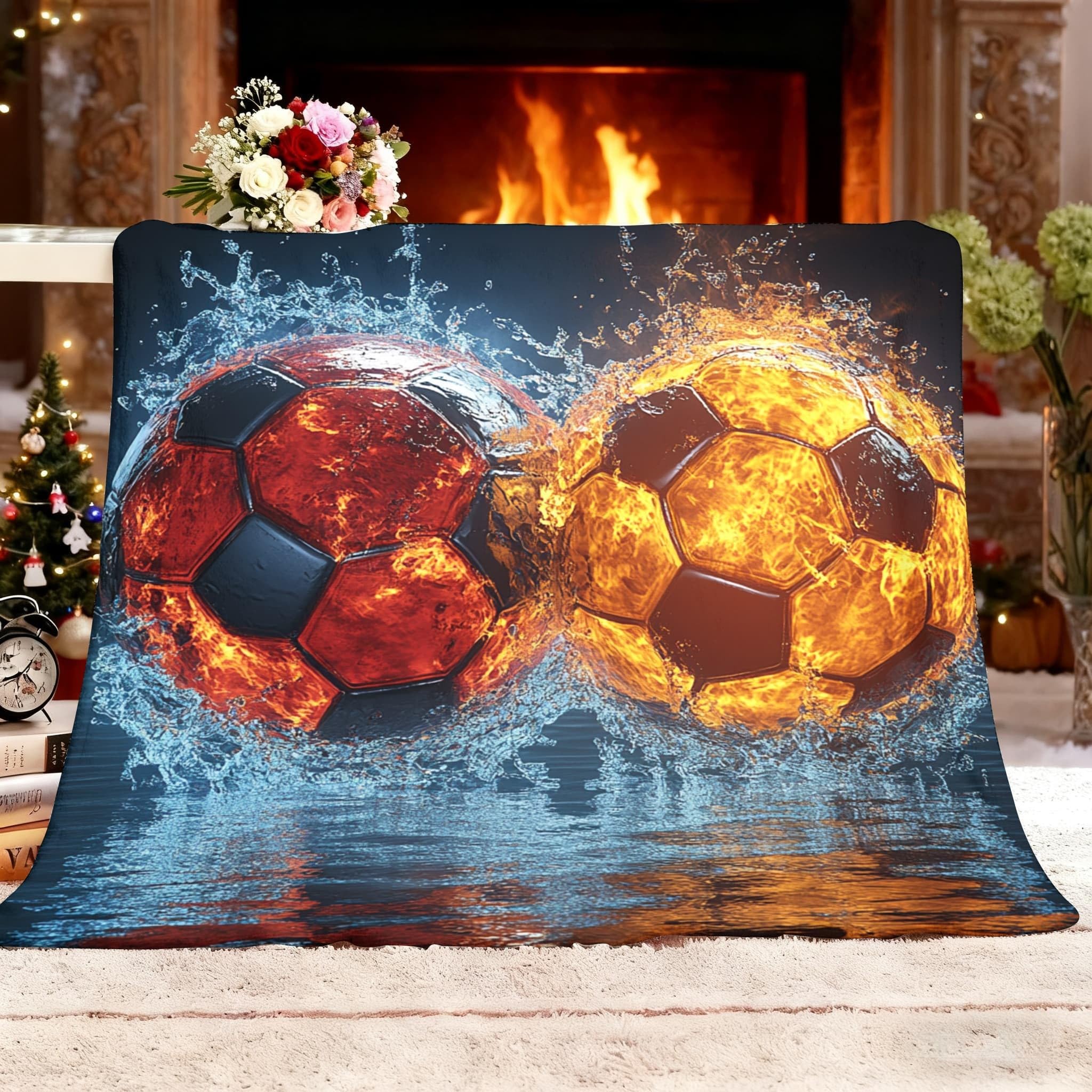 Koc termiczny XXL 180 x 220 cm Sport Płomienie Wodne Spraye Piłka nożna Polar Flanelowy Super miękki i miękki ciemnoniebieski koc polarowy do dekoracji sofy i łóżka