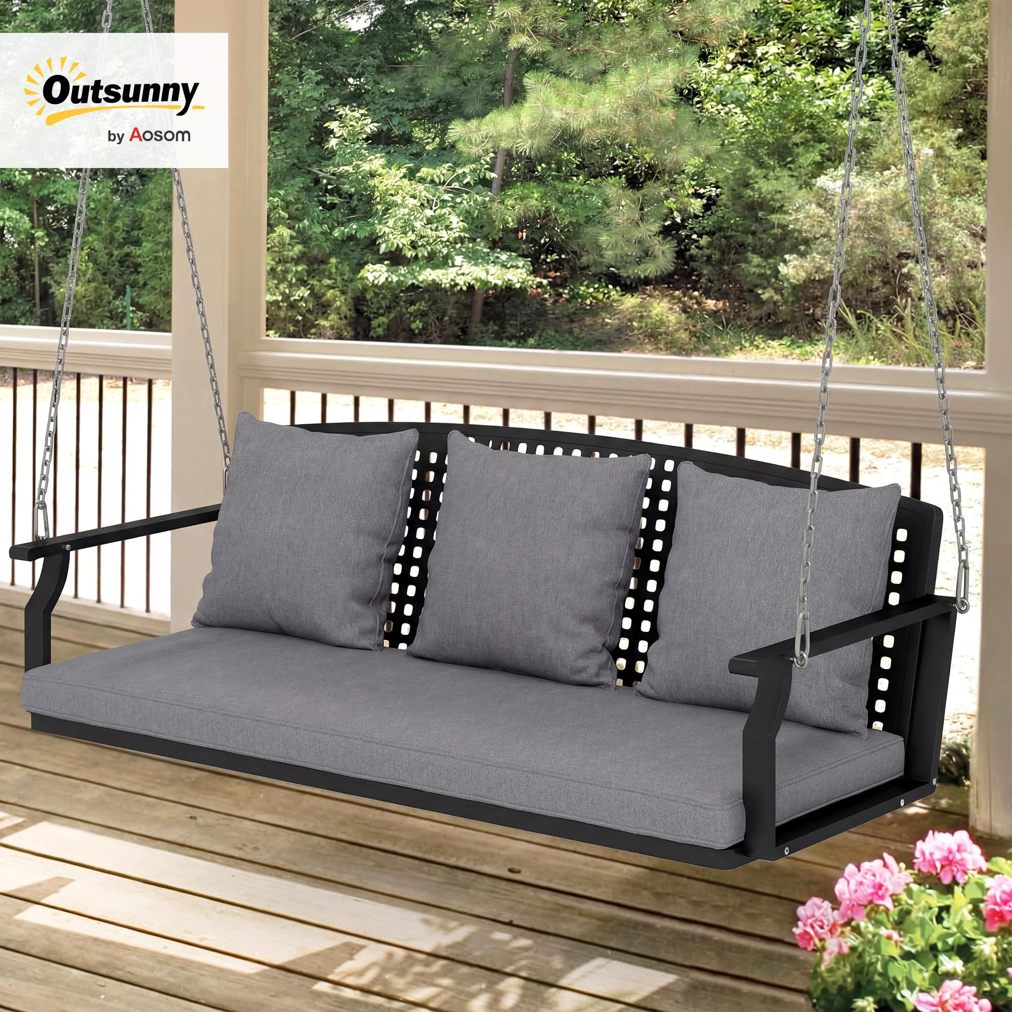 Outsunny Hängebank, 3-Sitzer Schaukelbank mit 3 Rückenkissen, Gartenschaukel aus Stahl zum Aufhängen, bis 360 kg Belastbar, für Balkon, Terrasse, Grau, 154 x 66 x 51 cm