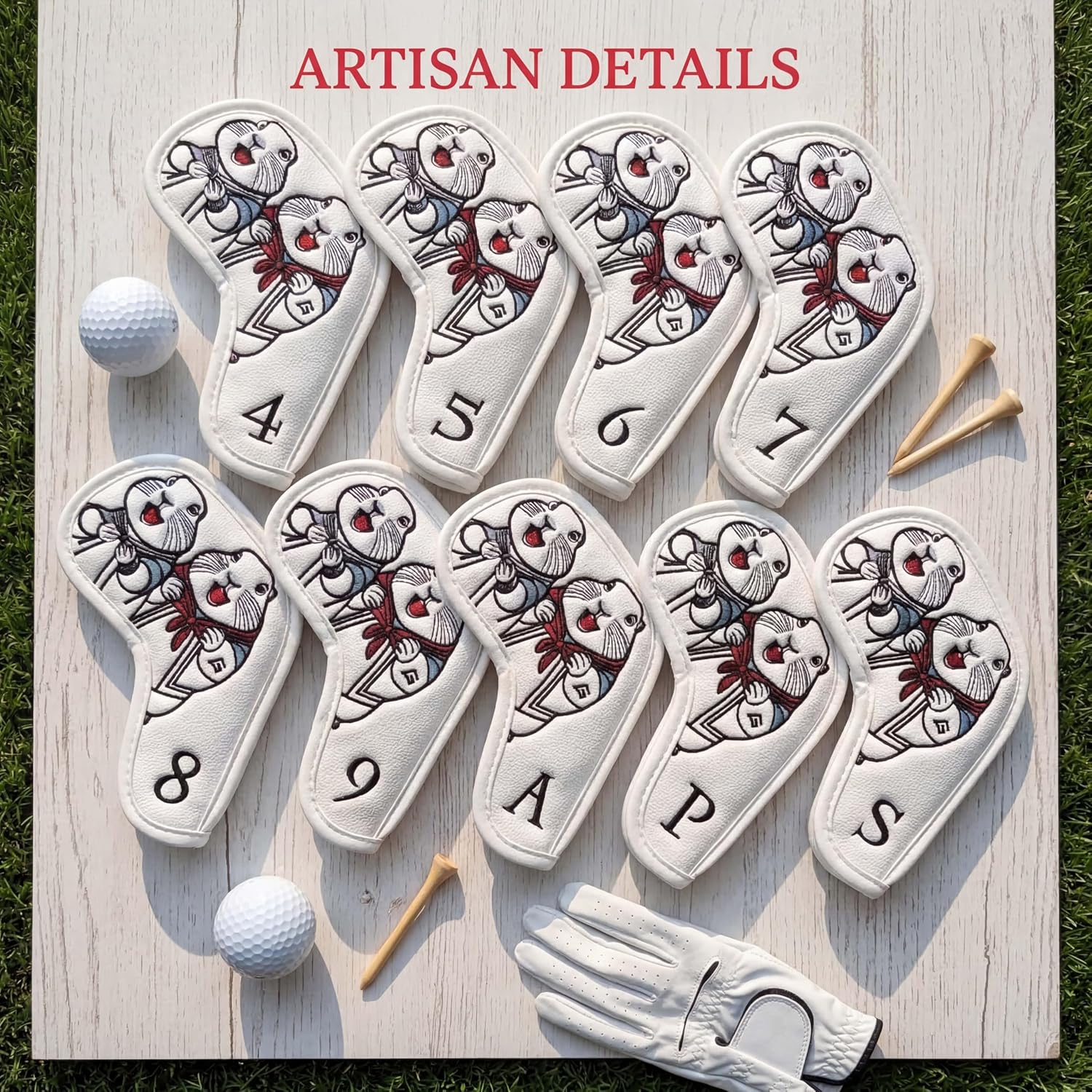 Vesperlux Groundhog Golf Headcovers for Driver Fairway Wood Hybrid Mallet/Blade Putter Iron Set (9-Pack), White Cartoon Animal Club Covers with Plush Soft Lining