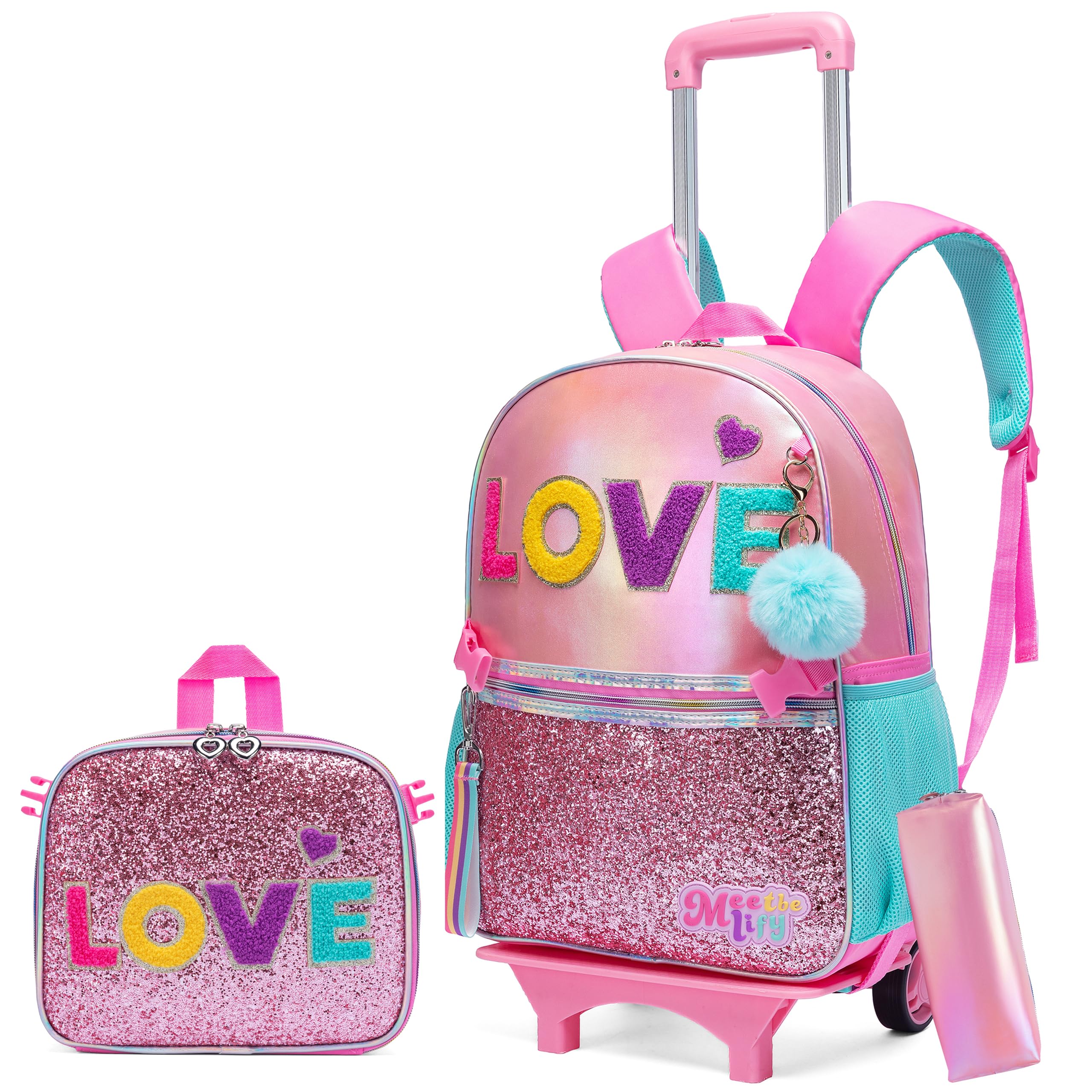 HTgroce 3PCS Rolling Backpack for Girls, Glitter Bookbag with Roller Wheels, Kindergarten Wheeled Backpack with Lunch Box