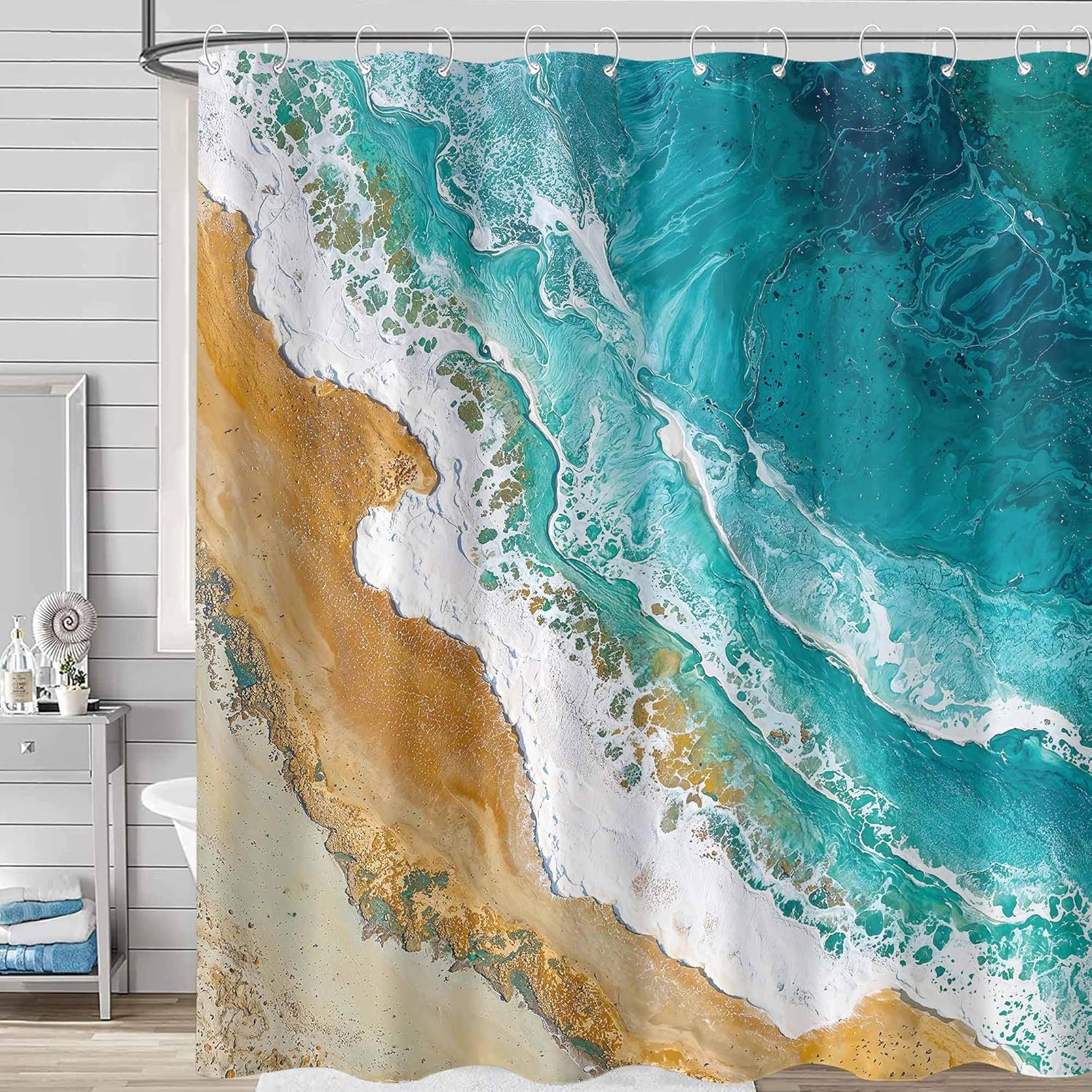 Rexful Beach Shower Curtain Sets Turquoise Seafoam Sand Beach Shower Curtains for Bathroom Aerial View Blue Coastal Decor Waterproof Fabric 72 x 72 inch with 12 Hooks (Blue2)