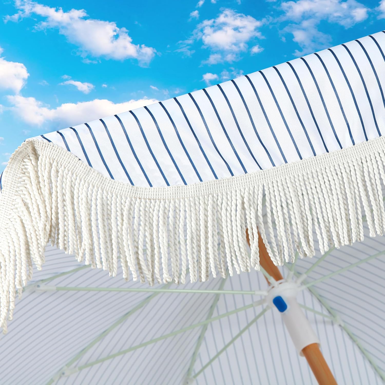 7.5ft Patio Umbrella with Fringe, Beach Umbrella, Fringe Umbrella Outdoor Patio with Hanging Hook, Tilting Aluminum Pole, UV 50 , Fiberglass Ribs, Blue White Stripe
