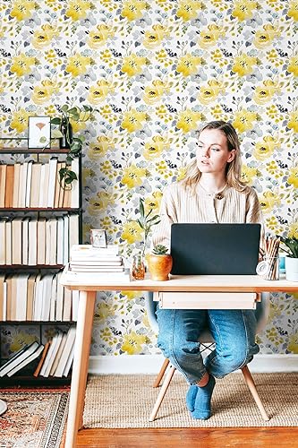 Miniatura 8 de Papel tapiz autoadhesivo para despegar y pegar, papel de contacto de acuarela amarillogrisblanco, autoadhesivo, extraíble, estantes, rollo de vinilo