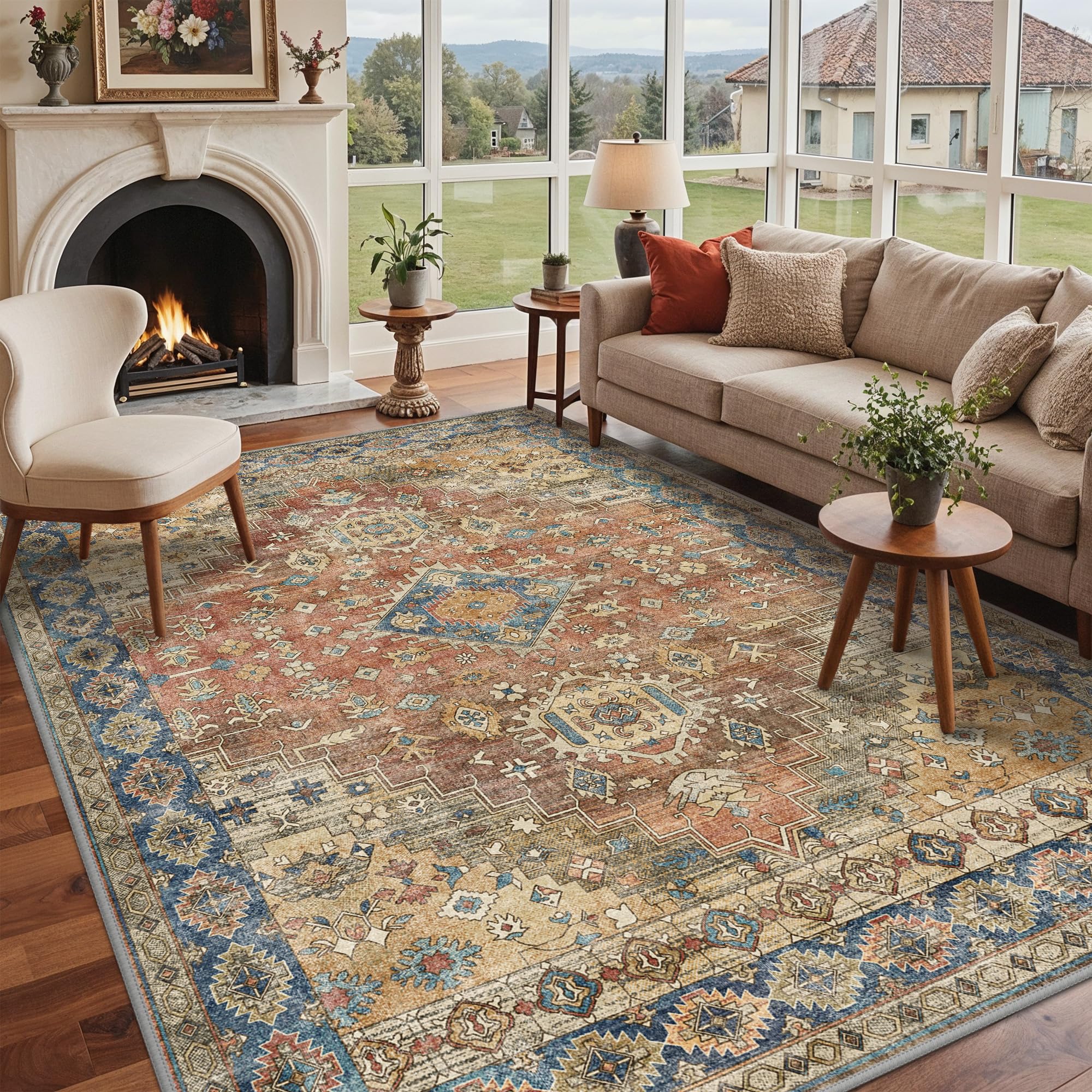 BEIMO Washable Rugs 160x230cm, Nursery Living Room Rug Boho Design Area Rug for Bedroom Soft Low Pile, Non-Slip Rugs for Living Room, Dining Room, Traditional Distressed Rusty Red โ image 1