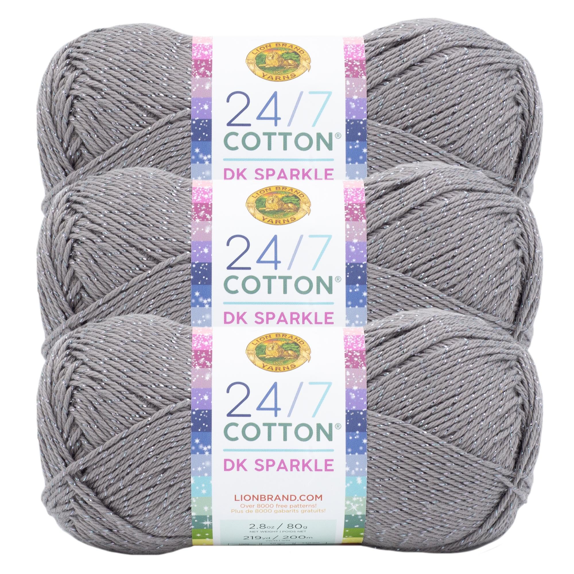 Lion Brand Yarn, 24/7 Cotton DK Crochet Yarn, Iron Grey, Metal Gray, 3 Pack