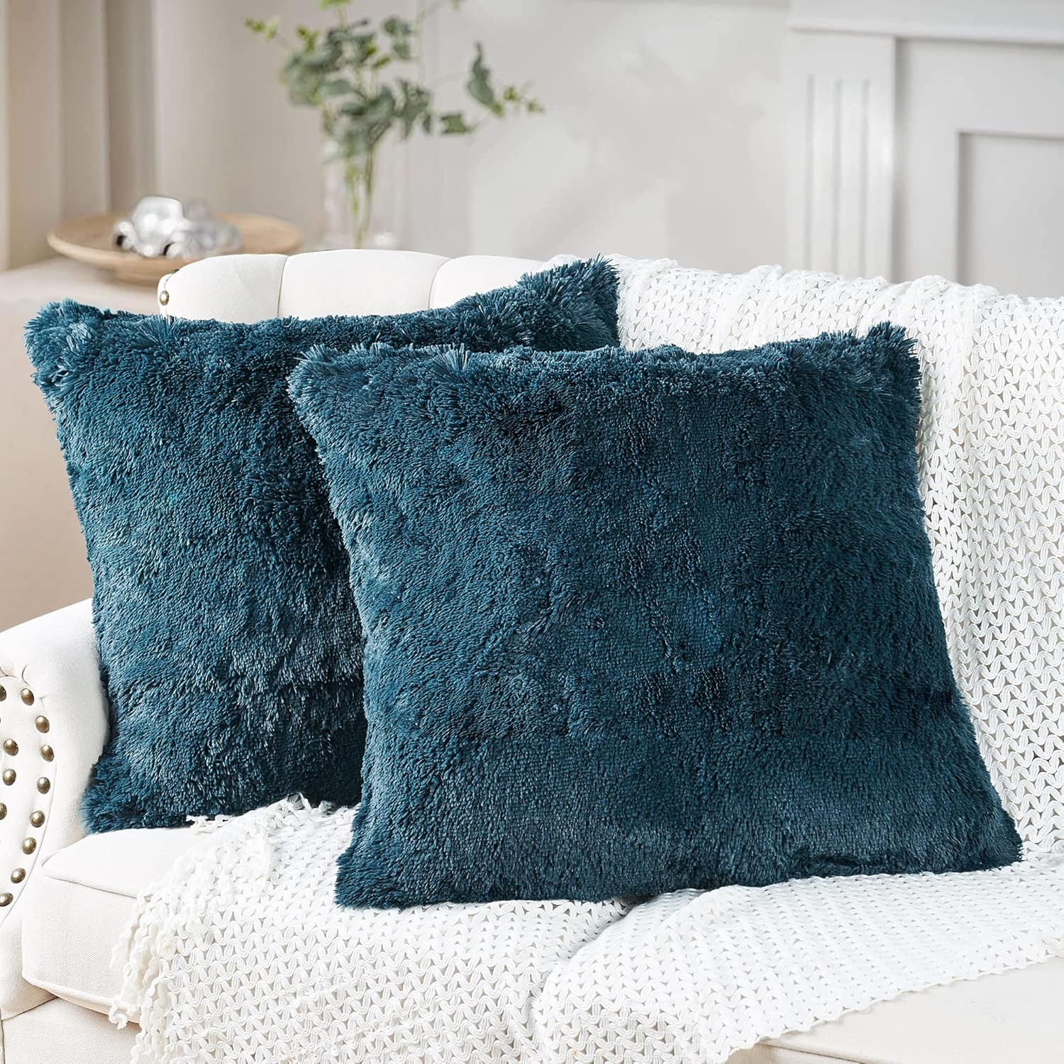 Home Soft Things Shaggy Pillow Covers 2 pcs, Teal, 26'' x 26'', Warm Cozy Plush Decorative Throw Pillow Cover Square Couch Cushion Cover Home Décor