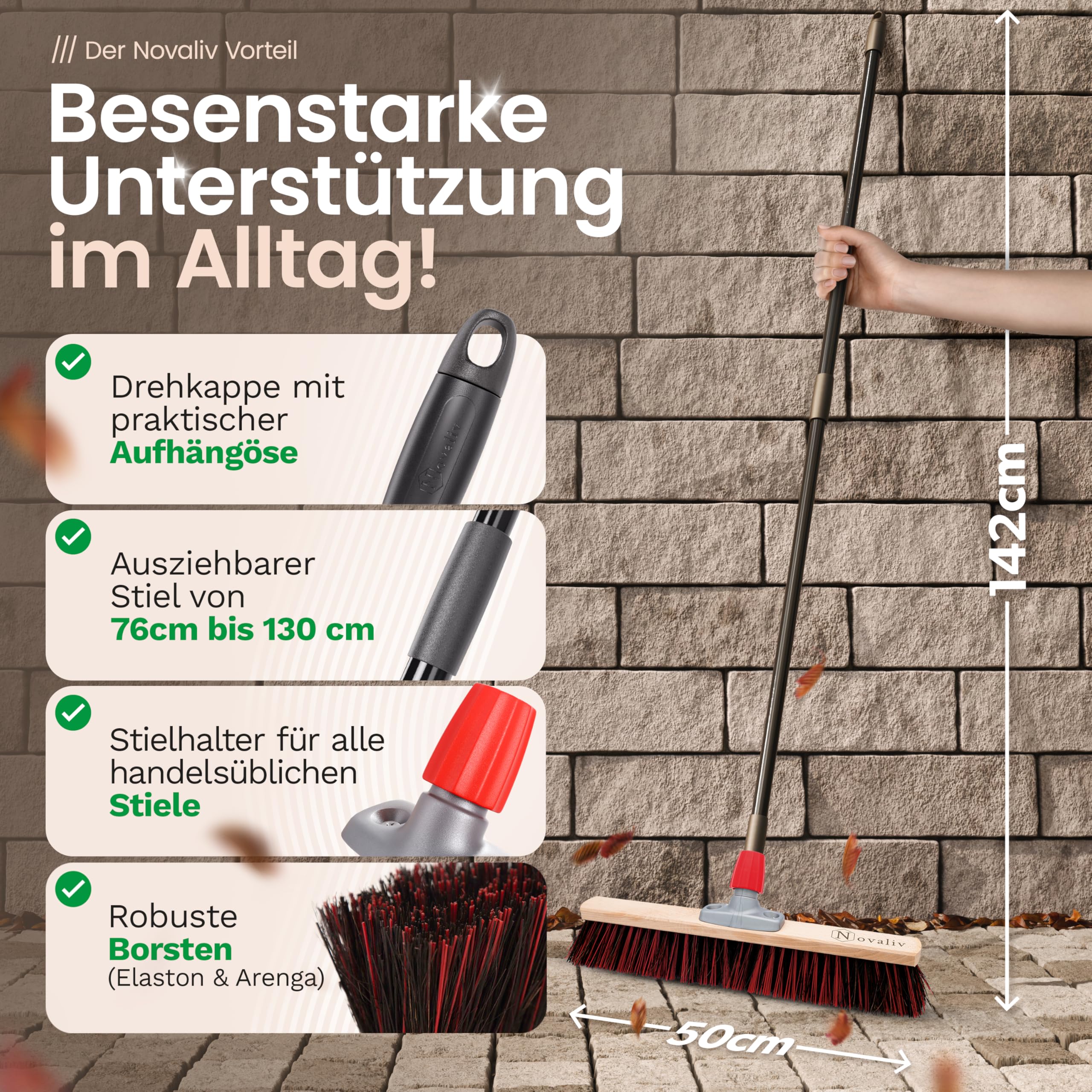Novaliv 4X Straßenbesen 50 cm I mit Stiel I Arenga-Elaston schwarz-rot I Teleskopstiel I Besen für draußen I Industriebesen Gartenbesen Schneebesen Allzweckbesen