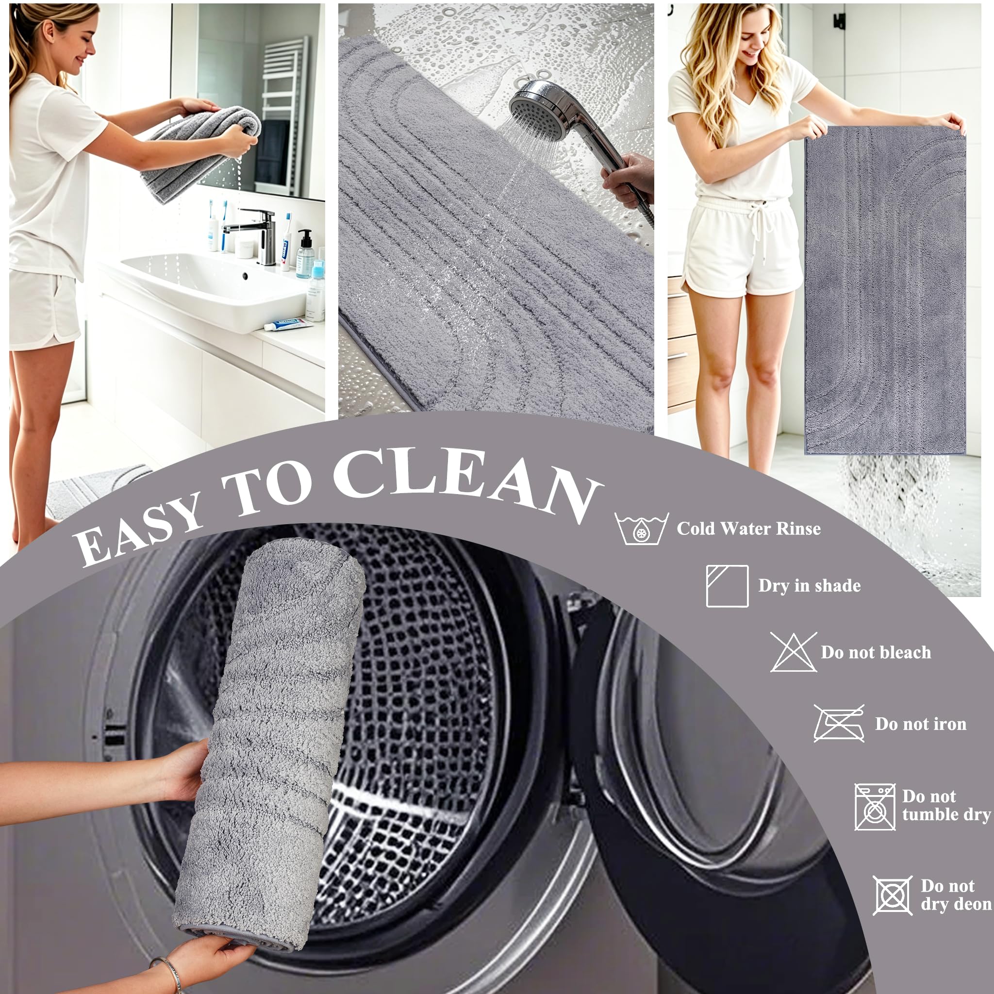 3-teiliges Badezimmerteppich Set wasserabsorbierend Grau | Mikrofaser Badematte rutschfest waschbar Weiche Badteppiche Badvorleger Set U-Form Toilettenmatte für Dusche & WC Badewanne