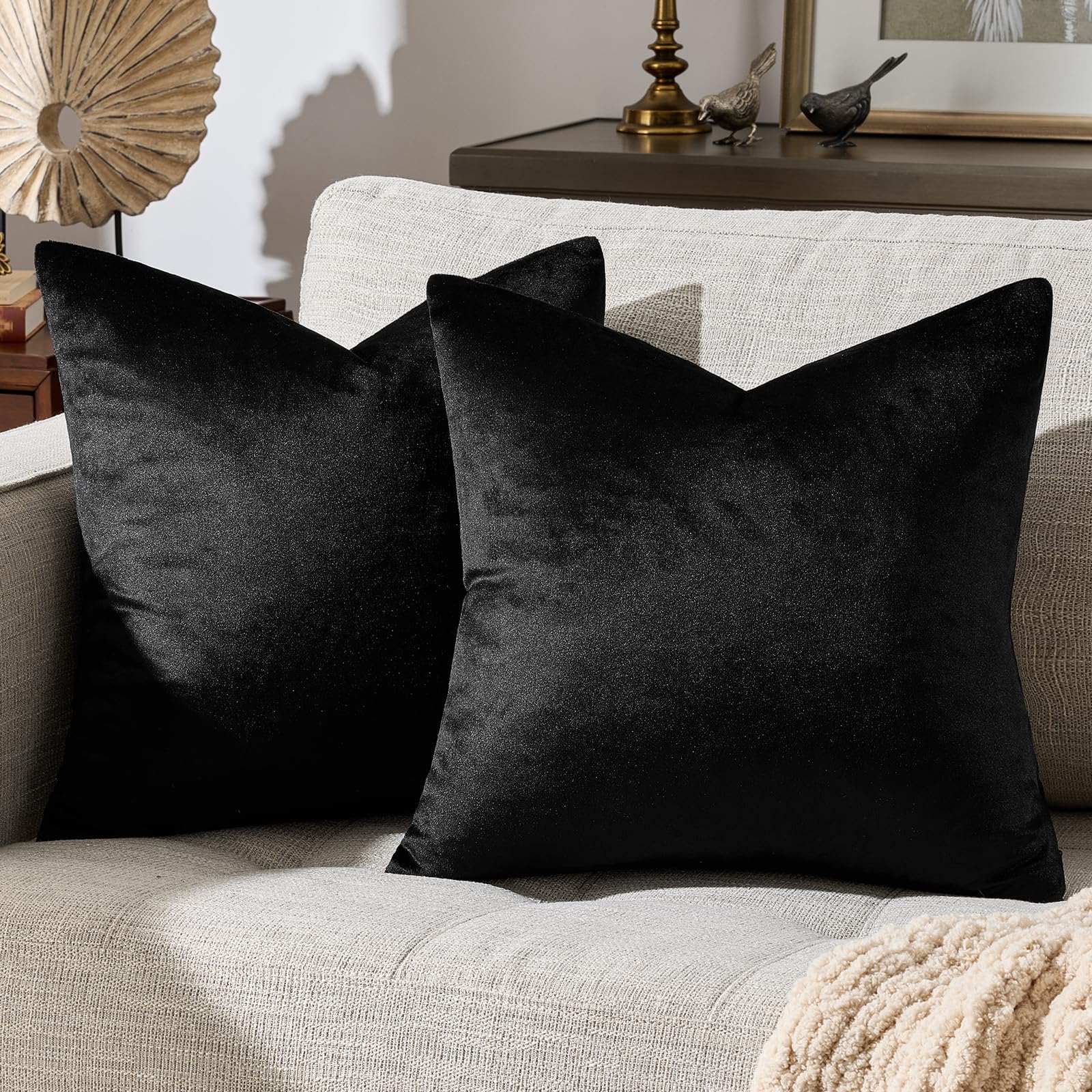 GIGIZAZA Decorative Throw Pillow Covers 16x16,Set of 2 Black Square Couch Pillow Covers,Velvet Sofa Boho Cushion Pillows