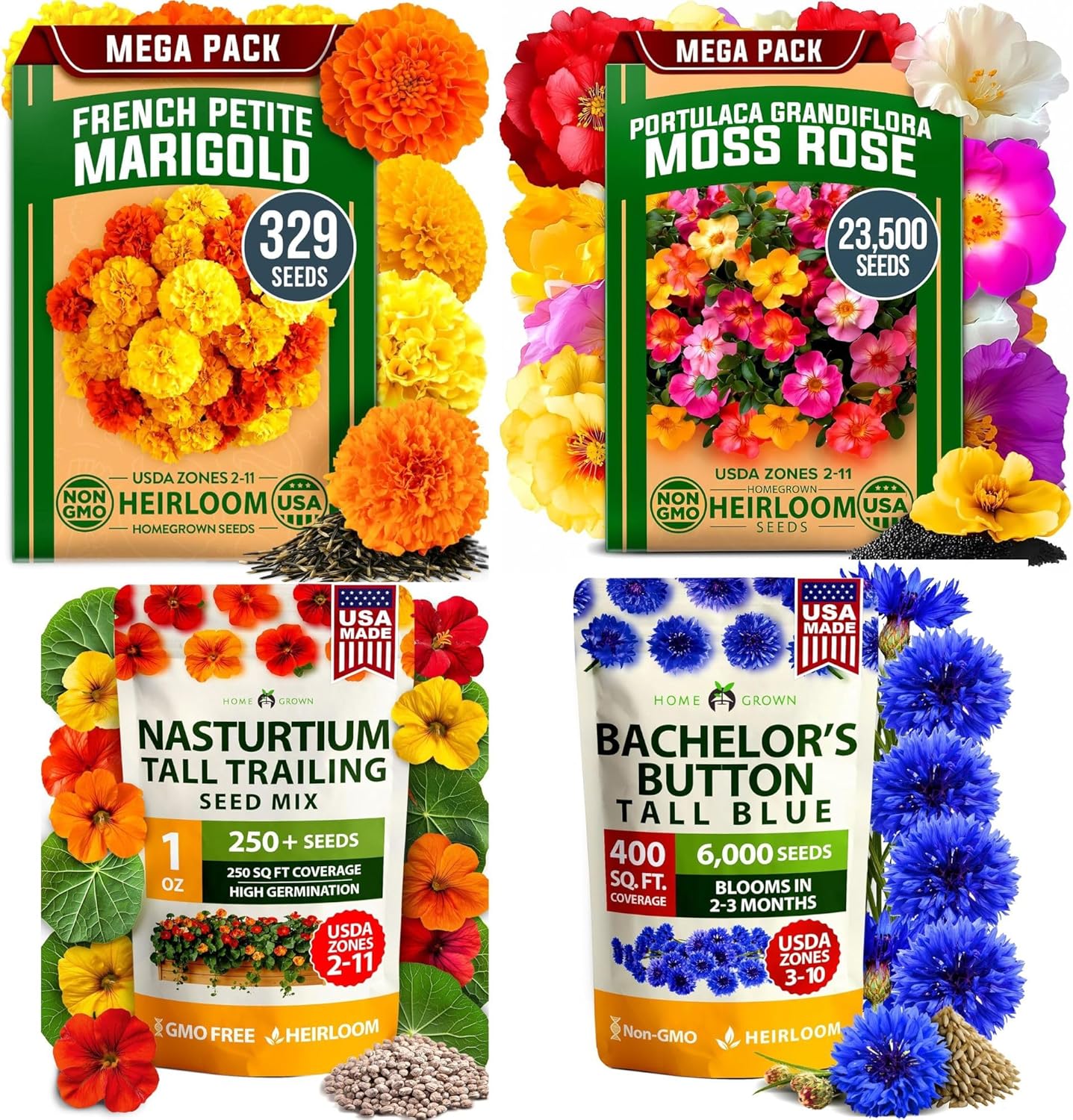 HOME GROWN Flower Seed Variety – Marigold, Moss Rose, Nasturtium & Bachelor Button – 30,000+ Non-GMO Heirloom Seeds for Planting – Easy-Grow Annuals for Pollinator & Wildflower Gardens