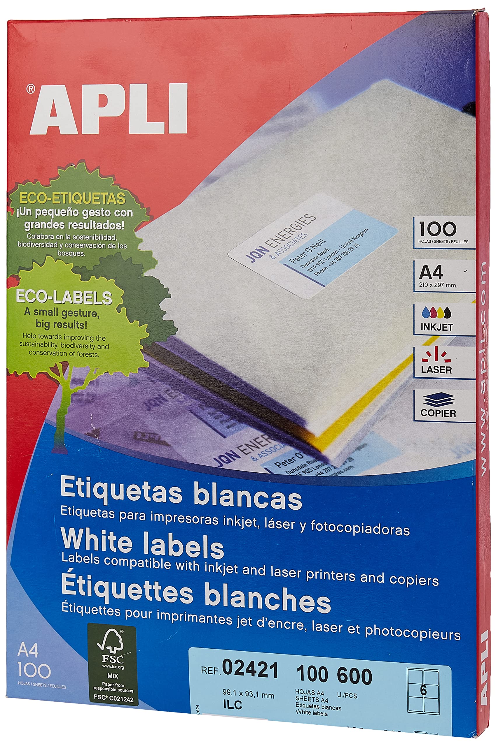 Apli 707611 - Box of 100 white labels for printer 99.1X93.1