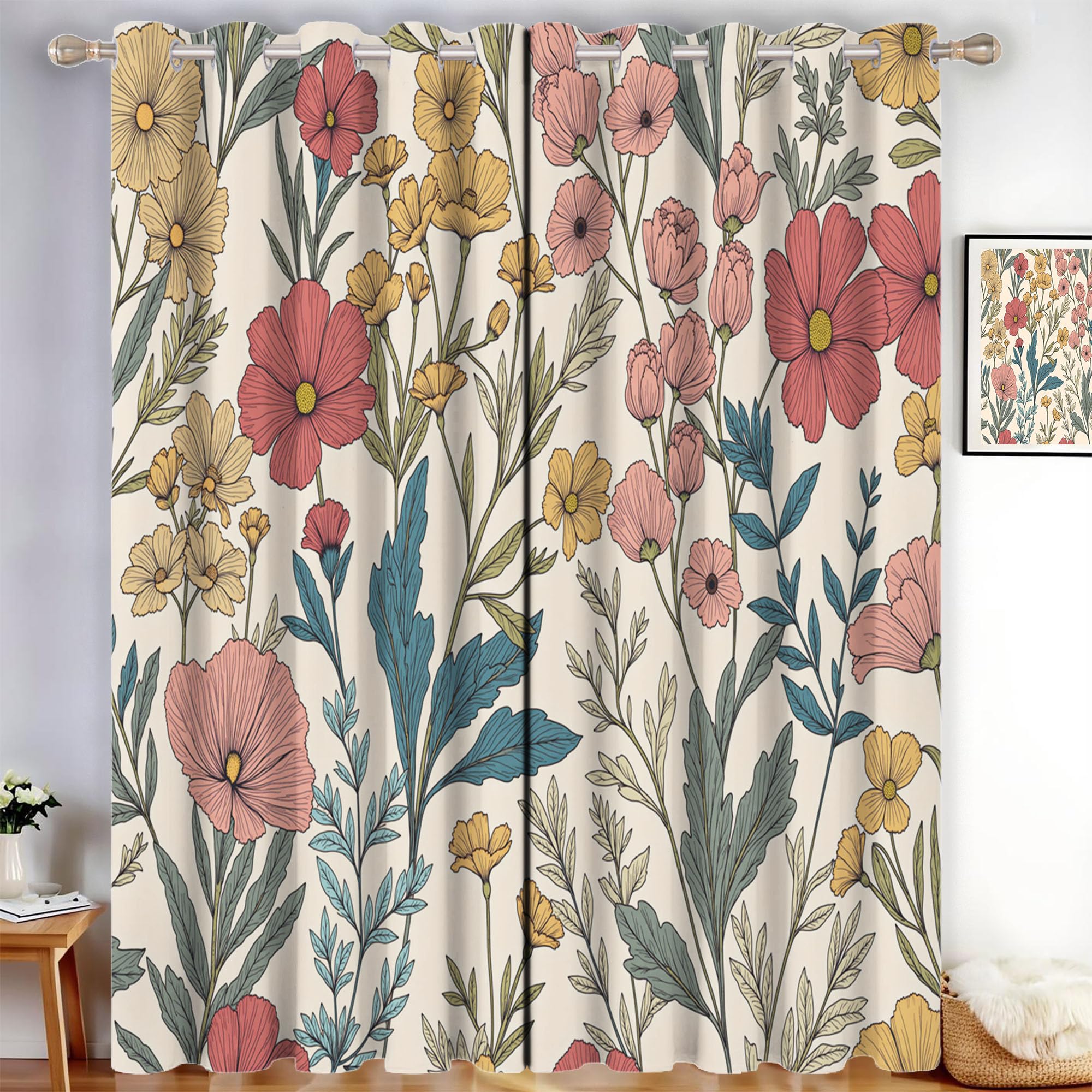 Rideau occultant salon et chambre au motif végétal peint main | Ambiance rétro et cosy 140x175cm