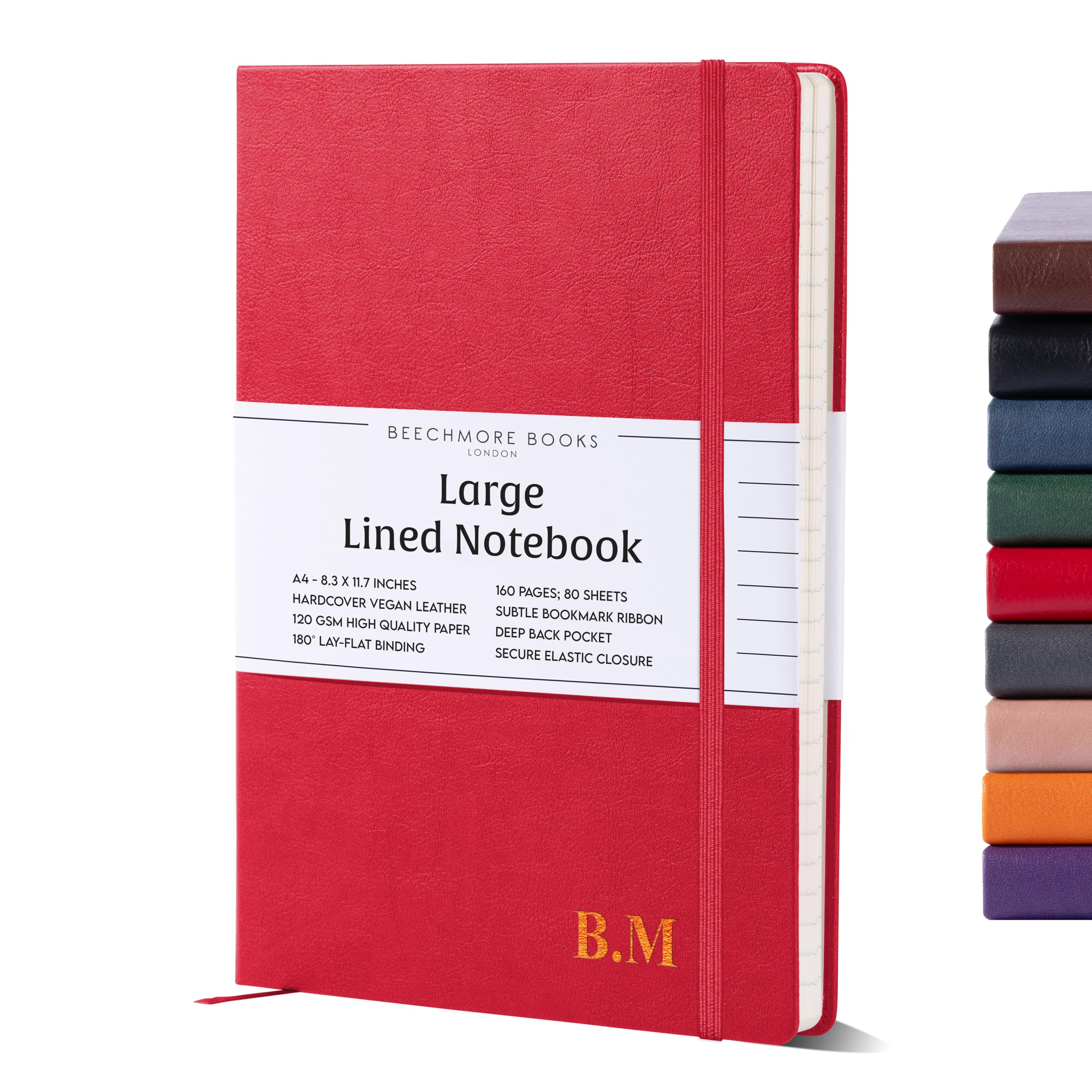Beechmore Books Ruled Journal Notebook - XL A4 Red 160 Lined Pages 8.5 x 11.5 | Monogram Leather Daily Journals For Writing - Thick 120gsm Cream Paper | Gifts for Men, Women