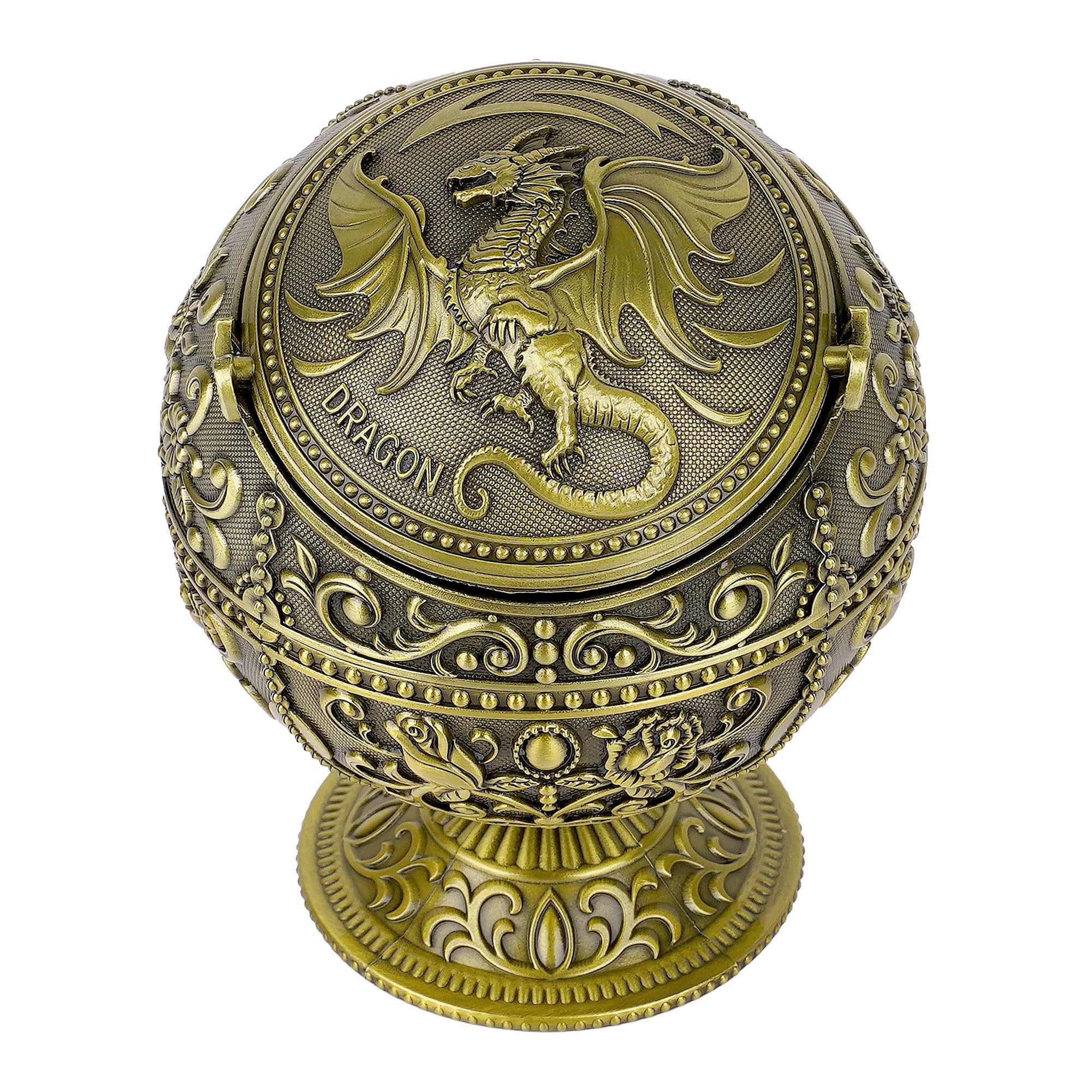 Philo Fun Vintage Dragon Ball Ashtray with Windproof Lid, Antique Bronze