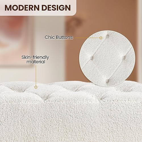 Miniatura 6 de Yaheetech Banco otomano moderno de terciopelo reposapiés tapizado para sala de estar con patas de metal dorado y asiento acolchado color marfil