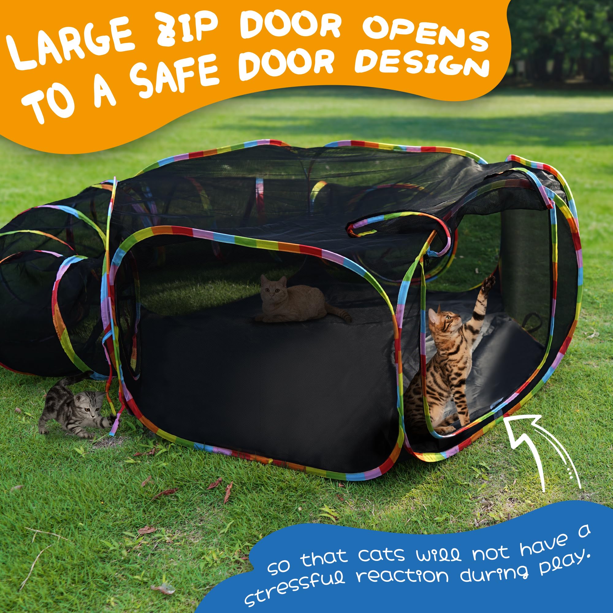 Outdoor Cat Tunnel and Play Tent, Rainbow Coloured, Mesh Enclosure with Connecting Tunnel - Image 2