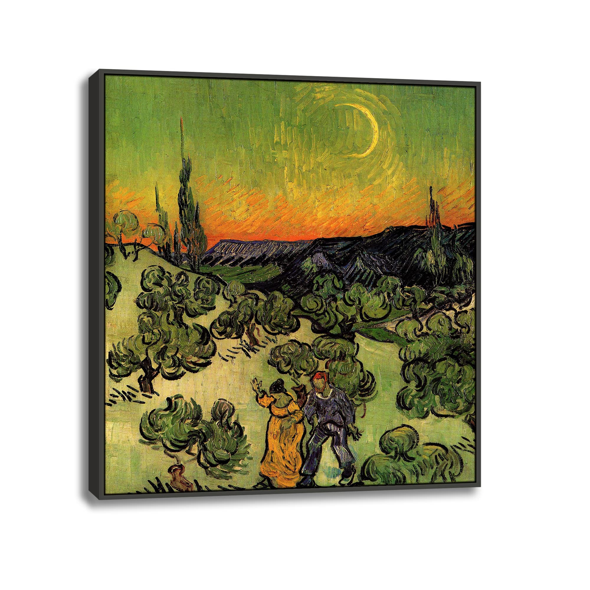 Yhmcie Lienzo decorativo para pared, obras de arte abstractas, pinturas al óleo para decoración del hogar, oficina, paisaje de Van Gogh con pareja caminando y luna creciente, marco negro, 70 x 77 cm