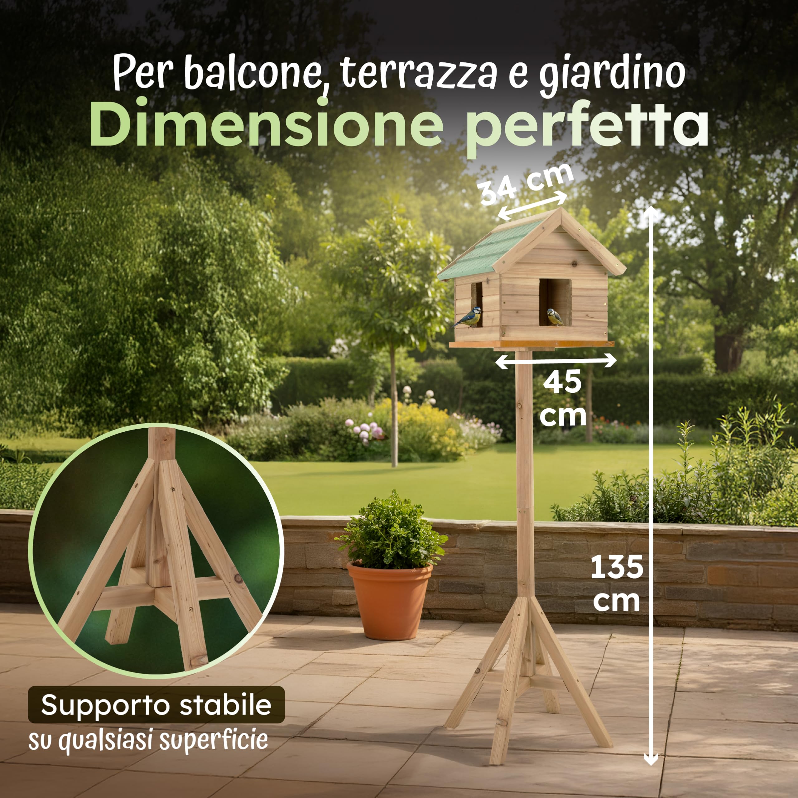 Moorland Casa per Uccelli con Finestre e Supporto in Legno di Abete FSC® | 135cm mangimatoia chiusa tetto verde in tegole casetta per tutto l'anno Esterno mangiatoia giardino VH2