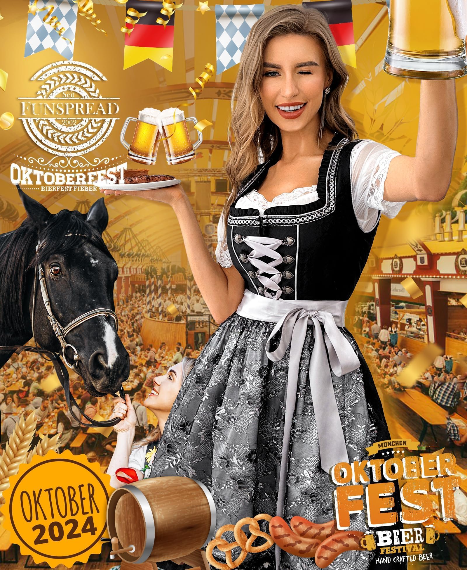 Funspread Dirndl Damen Midi Schwarz - Dirndlkleid mit Spitzenschürze Trachtenmode Kleid für Oktoberfest