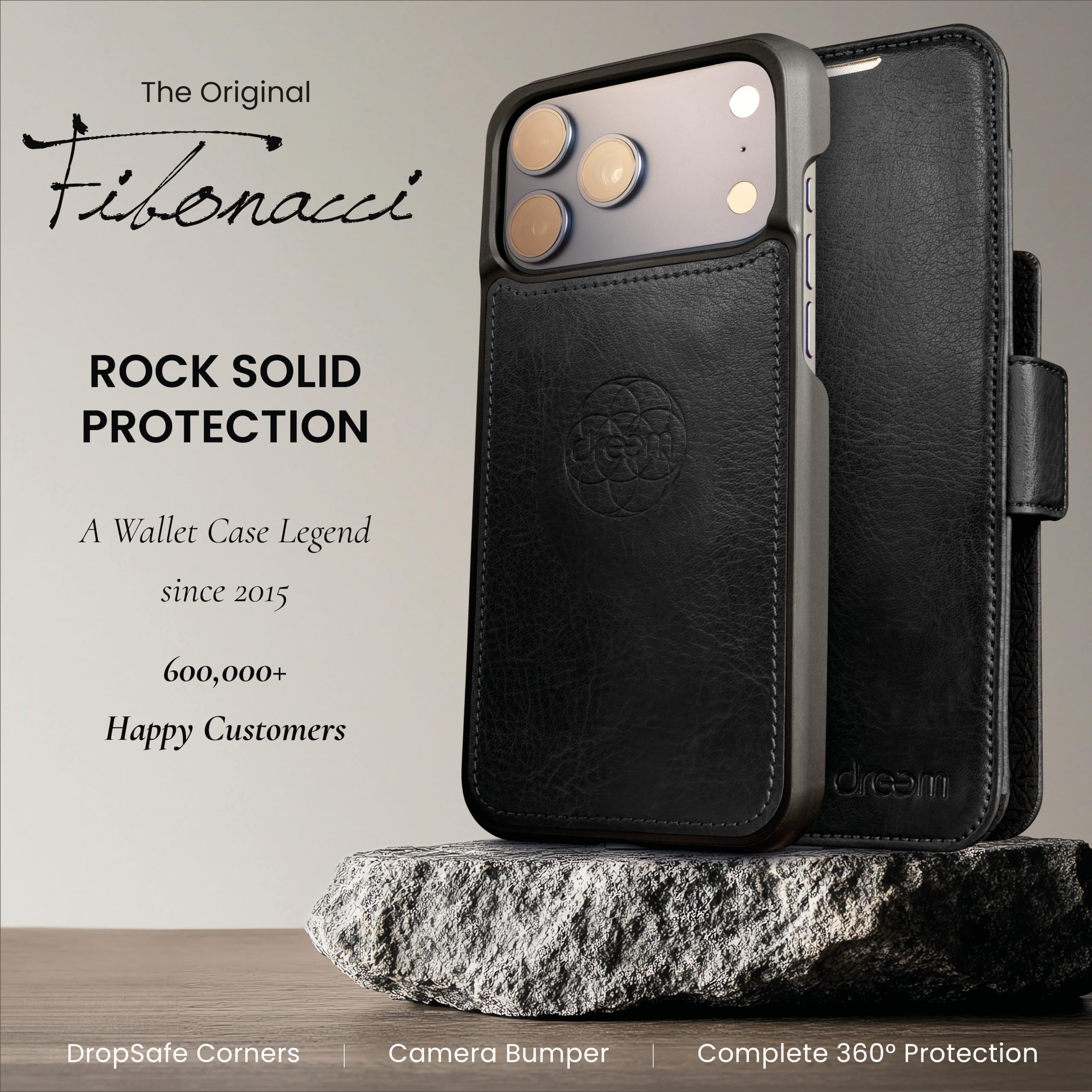 dreem Funda Cartera para iPhone 17 Pro MAX, Soporte revolucionario, Piel Vegana, Compatible con MagSafe, Tapa magnética removible, Bloqueo RFID, Caja de Regalo [Fibonacci:Black]