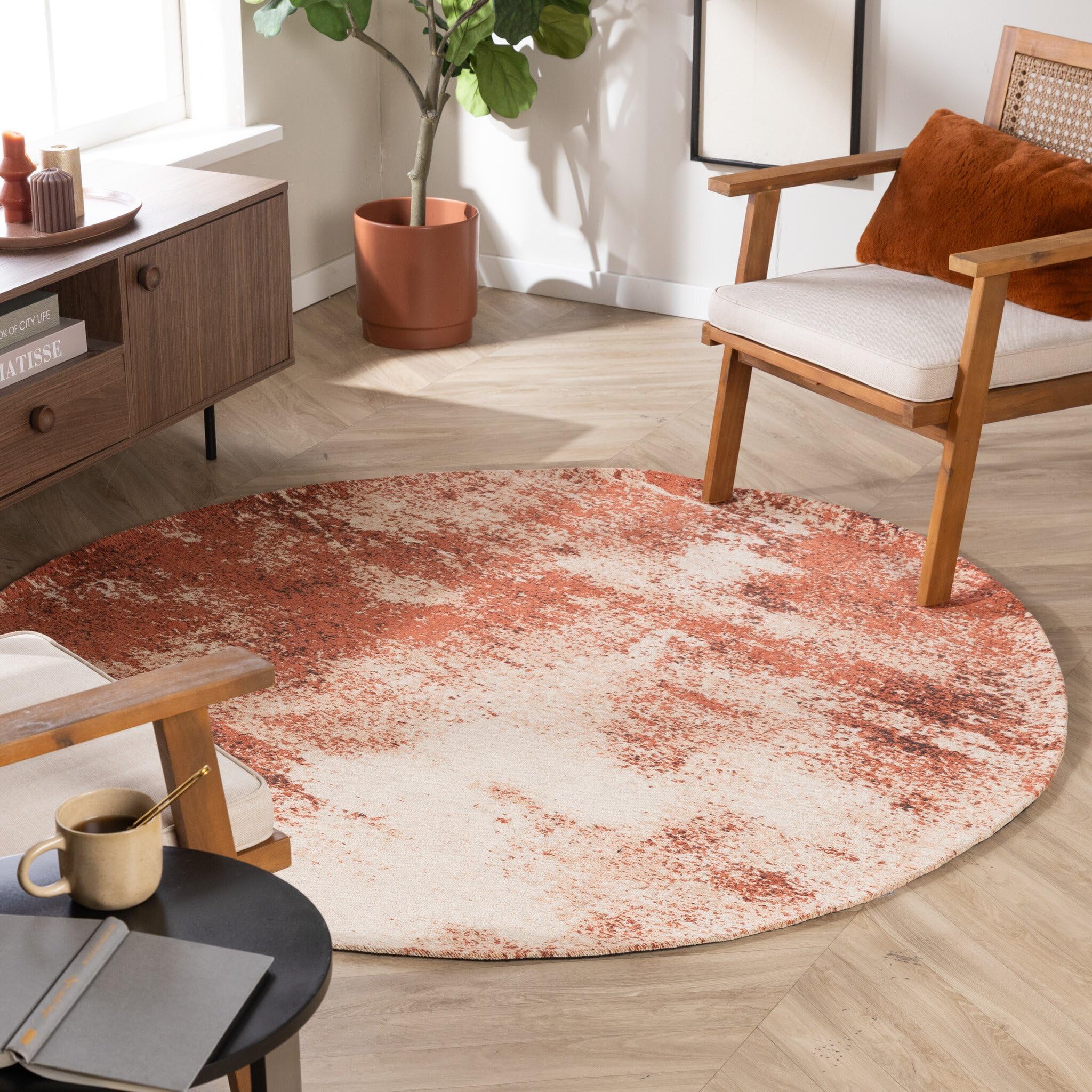 FRAAI | Home & Living Tapis de Salon Rond Abstrait - Candice Terracotta - Poil Court - Rond - Ø 120cm