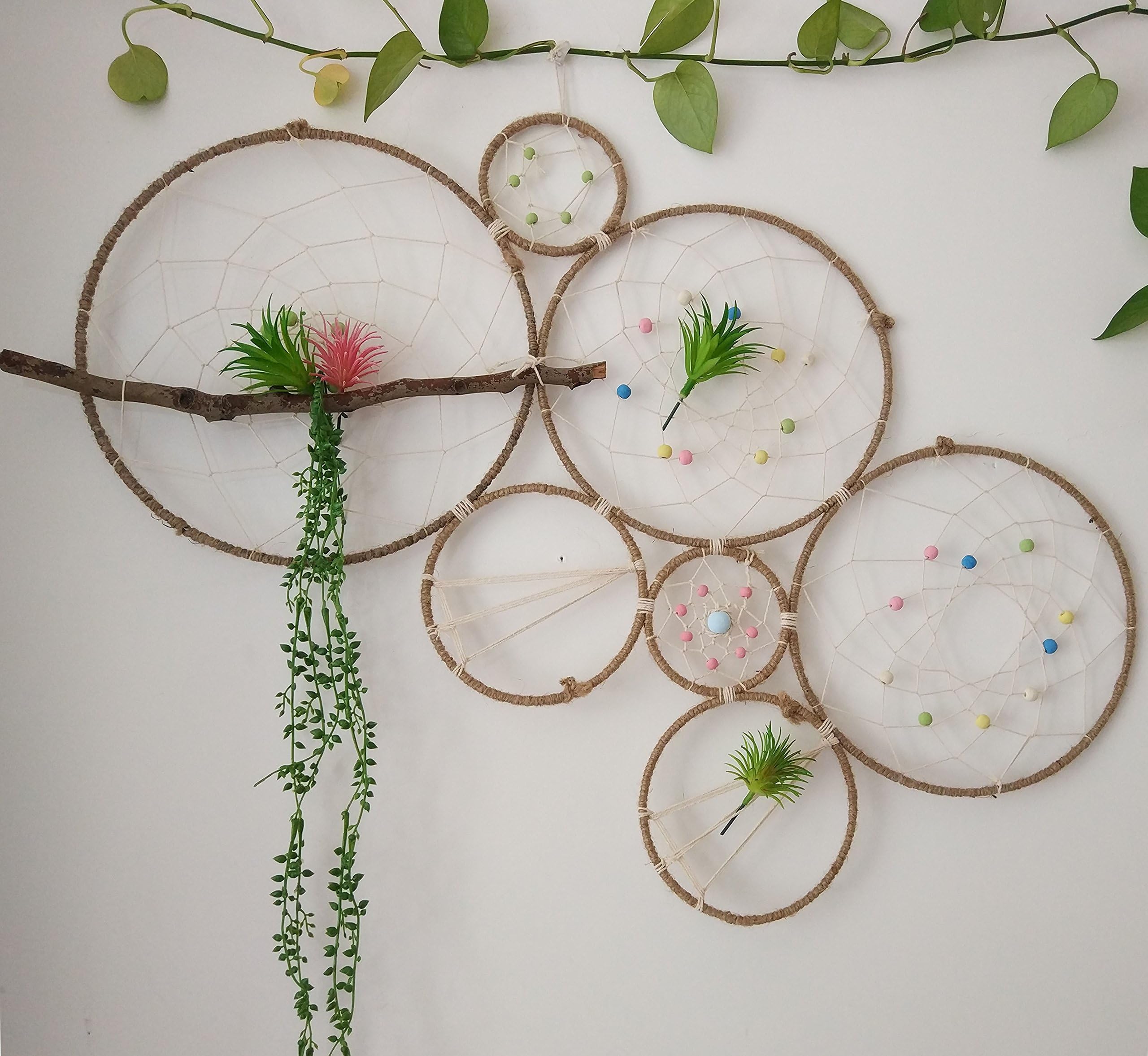 HiPlus Large DIY Dream Catcher Hanging Planter Holder,Dreamcatcher Set Air Plant Wall Display,Boho Rustic Wedding Backdrop with Free Artificial Succulent Catcus Plants