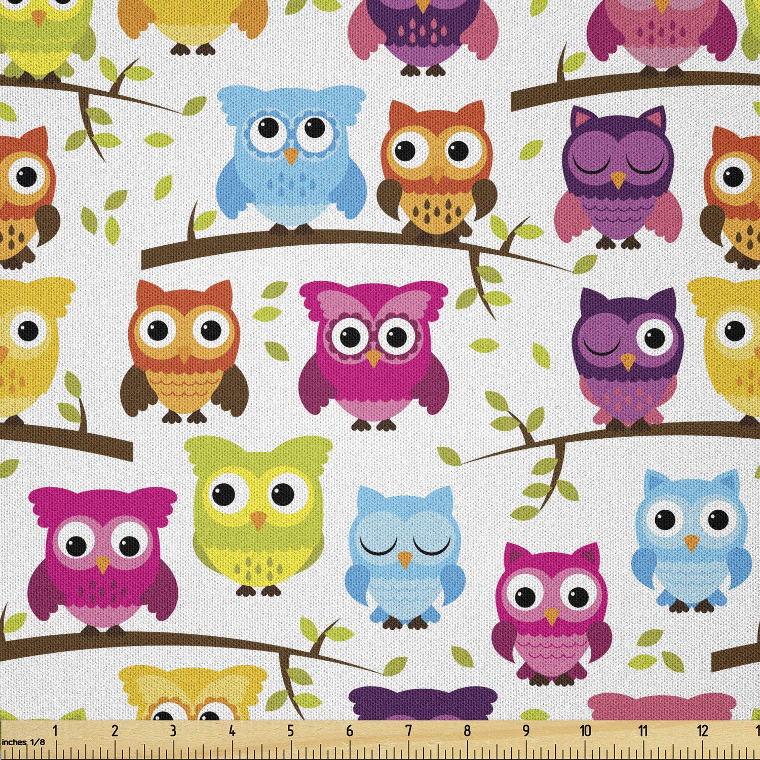 Lunarable Owls Fabric by The Yard, Owls in The Forest Woodland Celebration Friendship Togetherness Themed Artwork Print, Microfiber Fabric for Arts and Crafts Textiles &amp; Decor, 1 Yard, Green Magenta