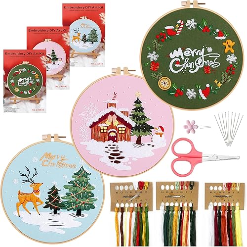 Kit de bordado de Navidad para adultos principiantes, 3 juegos de bordado con patrón de corona de árbol de Navidad, muñeco de nieve, juegos de punto