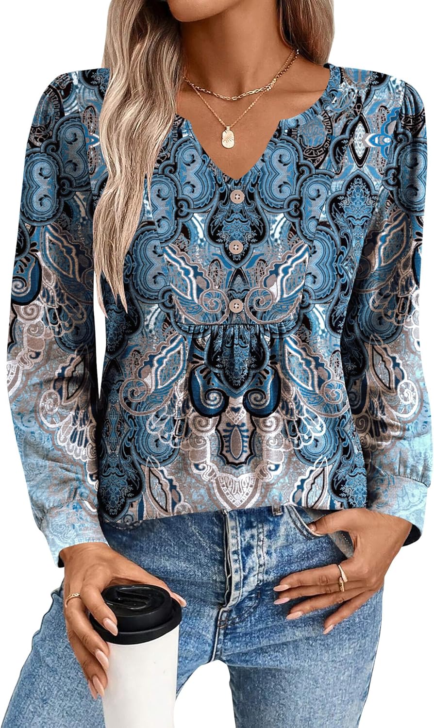 Zeagoo Long Sleeve Shirts for Women 2025 Casual Pleated V Neck Fall Tunic Tops Button Down Blouse Dressy Loose T-Shirts