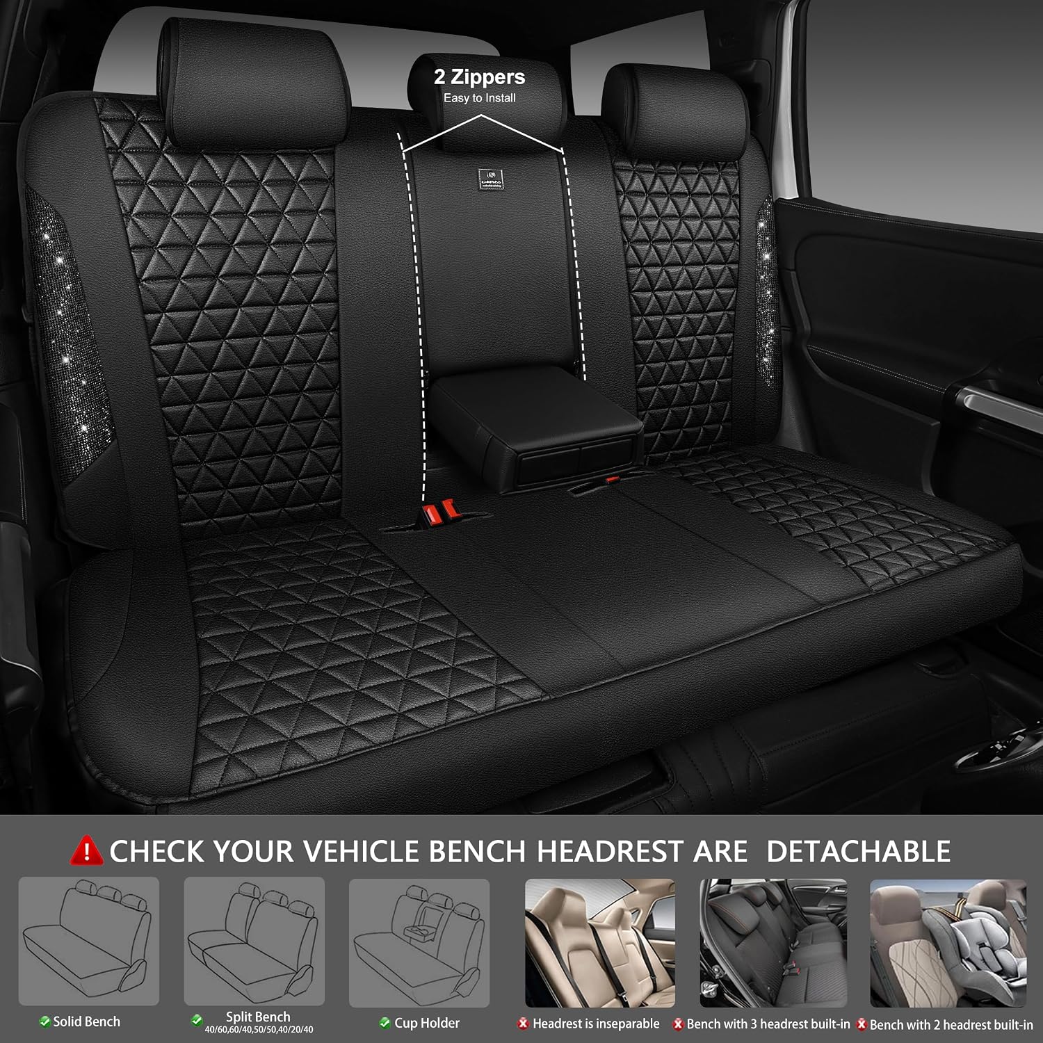 CAR PASS Bling Back Seat Cover, Waterproof Leather Bench Rear Seat Cover Shining Diamond Truck Glitter Crystal Sparkly Rhinestone Universal Fit Armrest Automotive Kid Women Girl, Black Diamond