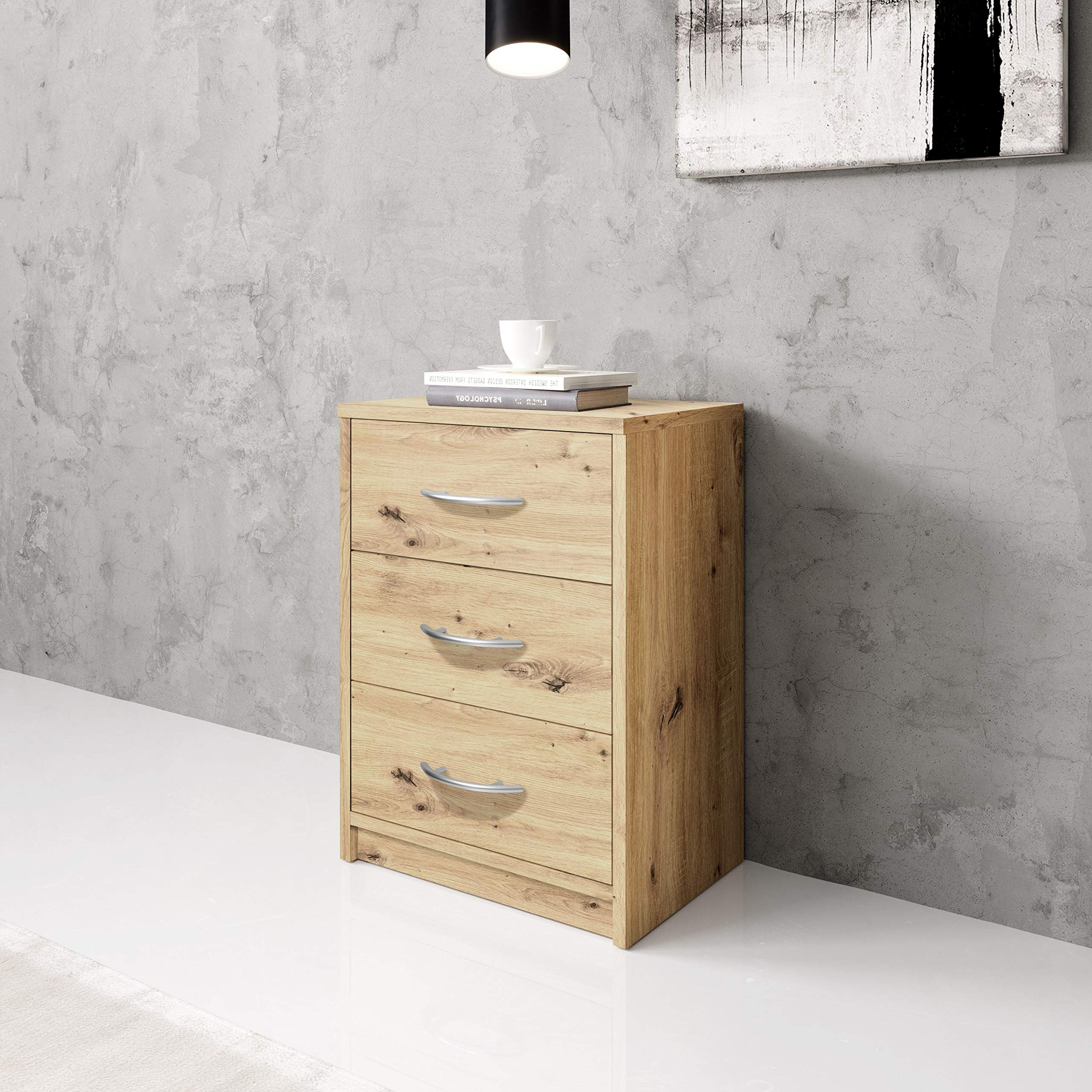 Stella Trading PEPE, Comodino da notte, effetto rovere artigianale, linea essenziale con 3 cassetti che si abbina facilmente a ogni camera da letto, 39 x 54 x 28 cm, L x A x P