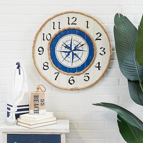 Miniatura 2 de Deco 79 Reloj de pared con brújula de madera con detalles de cuerda, 24 x 2 x 24 pulgadas, azul
