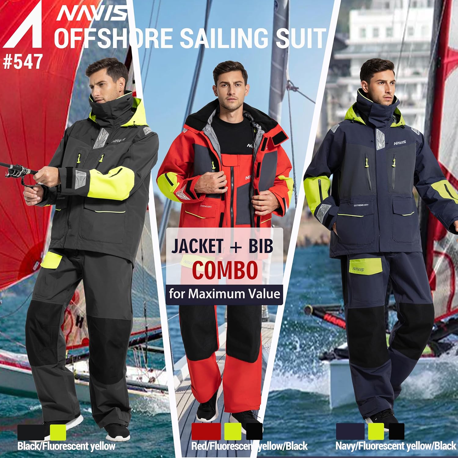 Men’s PRO Sailing Jacket Waterproof & Offshore Bib Pants + Hi-Vis Hoodie 3-Piece Wet Weather Gear for Crew & Ocean Racing - Image 3