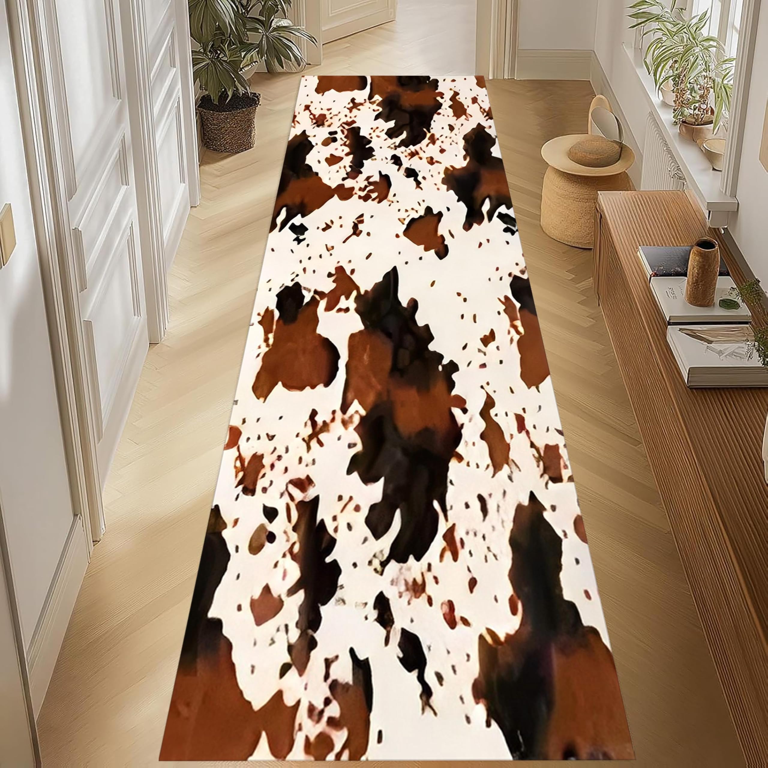 Kuluoits Cow Hallway Runner Rug,60x120cm, Fashionable Animal Print Plateau Cow Texture Entrance Carpet, Protective Non-Shedding Low Throw Rugs, Soft Washable Runner for Entrance Bedroom Kitchen-Brown