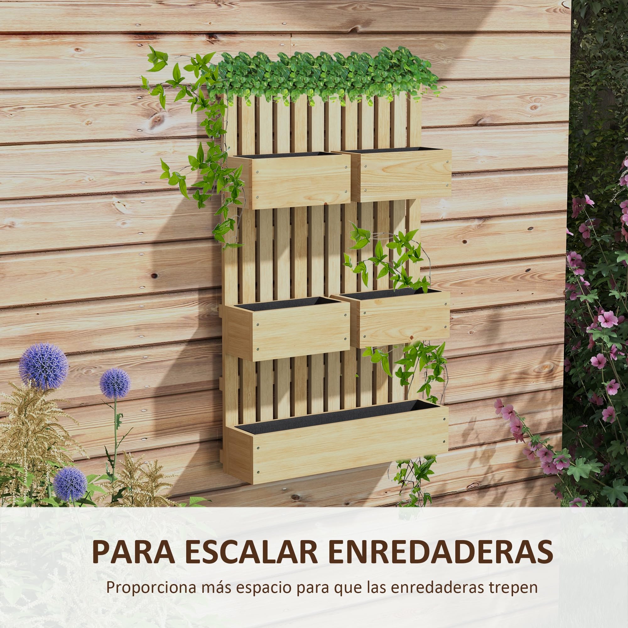 Outsunny Jardinera de Pared con Enrejado Exterior 60x16x100 cm Natural | Jardinera Exterior Grande de Madera, 5 Macetas Móviles, Tela no Tejida, Orificios de Drenaje, Jardín, Terraza, Patio