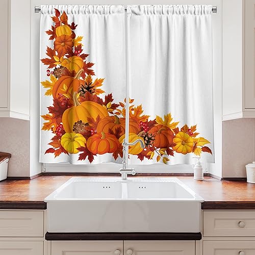 Miniatura 2 de Lunarable Cortinas de cocina de calabaza hojas de otoño y frutas en la temporada de otoño arreglo de cono de pino arándanos cortinas de ventana