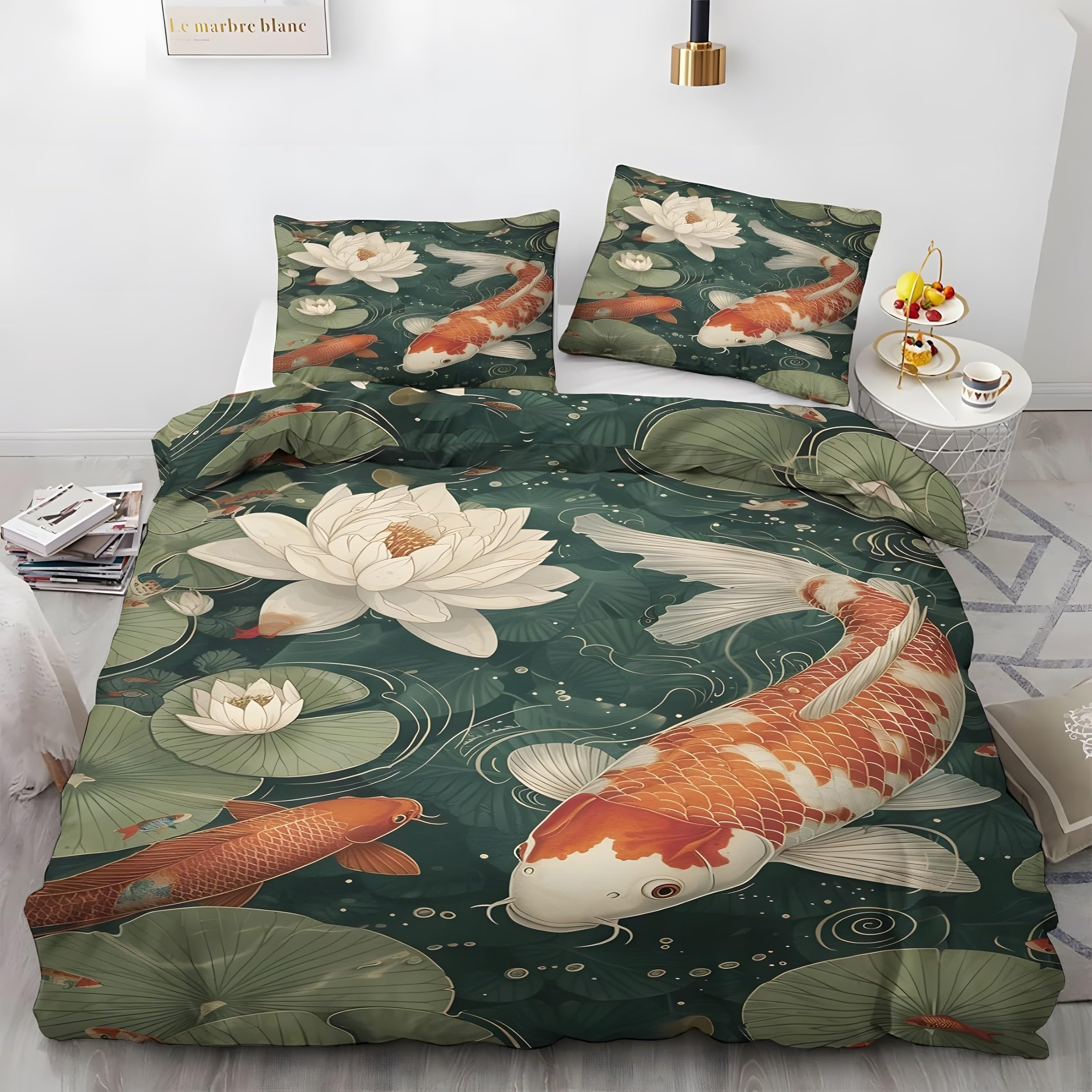 YZQGLHP Koi and Lotus Super King Duvet Cover Dark Green Bedding Set Soft Cozy Microfibre Duvet Covers 260x220 with Zipper Closure and 2 Pillowcases 50x75cm