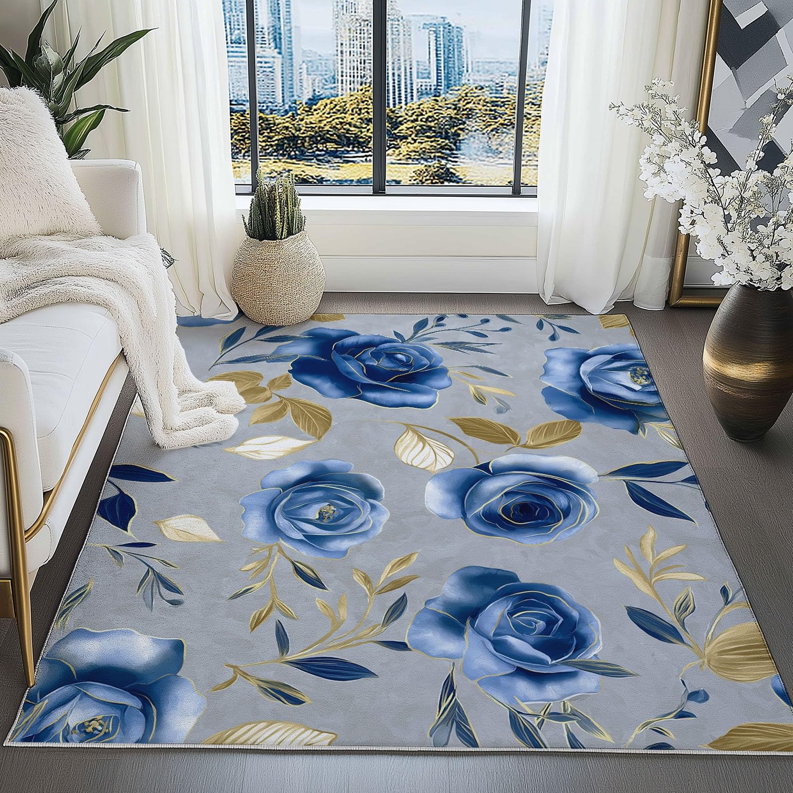 Tapis Salon Salle à Manger Chambre Adulte et Ado, Cuisine - Design Roses Bleues À L'Aquarelle Bleu, Poil Ras Doux Léger Antidérapant 80 x 150 cm