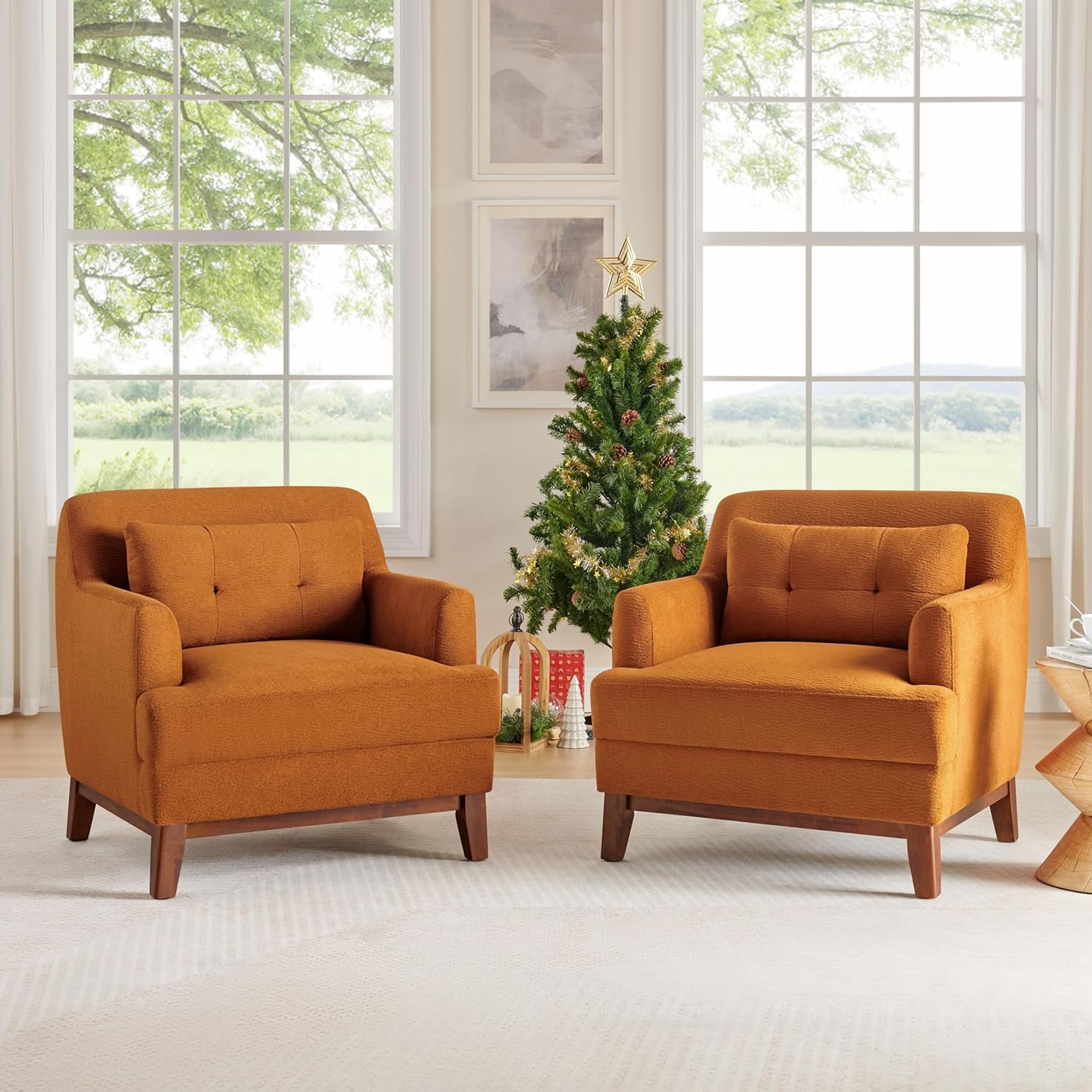 VANOMi Modern Accent Chairs, Terry Fabric Living Room Chairs with Cushion, Mid-Century Modern Comfy Reading Chair for Bedroom, Corner, Apartment, Orange