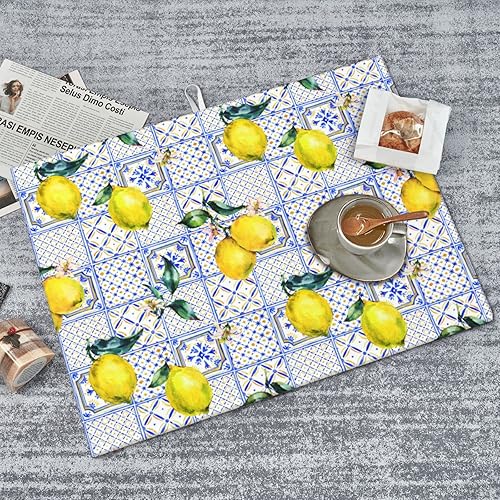Miniatura 8 de Tapete de secado de platos de azulejos amarillo limón y azul para encimera de cocina, verano, primavera, lindo tapete absorbente de microfibra para